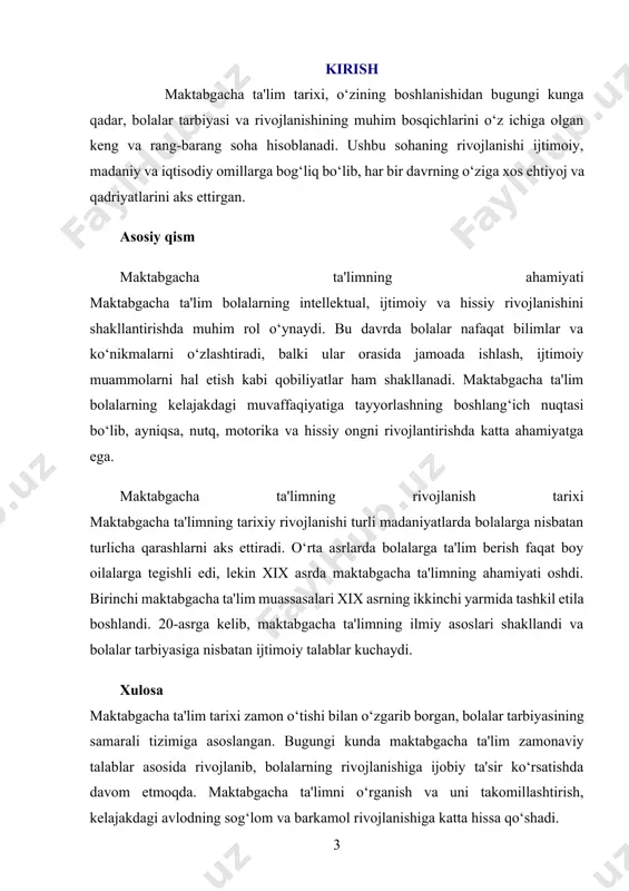 edi. mustaqillikdan keyin, o'zbekistonda maktabgacha ta'limni rivojlantirish borasida bir qator islohotlar amalga oshirildi. 2000-yillardan boshlab, maktabgacha ta'lim tizimi modernizatsiya qilindi, yangi dasturlar va metodikalar ishlab chiqildi, pedagoglarning malakasi oshirildi. hozirgi kunda o'zbekistonda maktabgacha ta'lim rivojlanayotgan, bolalar uchun zarur bo'lgan bilim va ko'nikmalarni berishga qaratilgan tizimga aylangan. yevropada va shimoliy amerikada maktabgacha ta'lim tizimlari tez rivojlana boshladi. 19-asr oxirlarida shvetsiyada va norvegiyada maktabgacha ta'limning dastlabki tizimlari tashkil etildi. bu ta'lim tizimlarining asosiy maqsadi bolalarning jismoniy, aqliy va hissiy rivojlanishiga e'tibor qaratish edi. xix asrda, ayniqsa, fridrix frobelning o'quvchilarga qulay va tabiiy o'quv sharoitlari yaratishga oid nazariyalari maktabgacha ta'limning rivojlanishida muhim rol o'ynadi. uning ta'lim metodlari o'qituvchilarni bolalar bilan individual ishlashga undadi. o'zbekistonda maktabgacha ta'lim tizimining rivojlanishi sovet davrida o'ziga xos xususiyatlarga ega bo'ldi. o'zbekiston mustaqillikka erishgach, bolalar uchun maktabgacha ta'lim tizimi demokratik va bozor iqtisodiyotiga mos ravishda modernizatsiya qilindi. 2000-yillardan boshlab, bolalar ta'limida zamonaviy pedagogik yondashuvlar va innovatsion metodlar joriy etildi. …