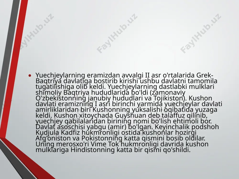 mamalakatning poytaxti esa peshovar (afg'oniston) atrofida edi. mamalakatning hududi shimimoliy xindiston, afg'oniston, markaziy osiyodagi ko'pgina viloyatlar, sharqiy turkistondan iborat edi. syuan szyanning yozishiicha, «kanishna podsholik qilgan davrda uning shon-shuhrati qo'shni mamlakatlarga yoyildi». mamlakatning xarbiy qudrati ko'pchilik tomondan tan olindi. xitoyning g'arb tomonidagilar ham kanishnaning hokimligini tan olib, unga o'z garovga qo'yilgan odamlaridan yuborar edi. kushon davlati davrining madaniyati. kushon davri markaziy osiyo xalqlarini moddiy va ma'naviy madaniyatida jiddiy o'zgarishlar bo'lganligi bilan izohlanadi. buyuk kushonlar saltanatining taqdiri, ma'naviyati nuqtai nazaridan ayanchli tugadi, ya'ni o'z davrida uning tarixi va madaniyati deyarli yozilmadi. u haqda qadimgi ma'lumot juda kam, yozuv yodgorliklari ham unchalik ko'p emas. markaziy osiyoda mil. avv. iv-ii asrlarda oraniy yozuv asosida xorazm, parfiya va so'g'd yozuvlari paydo bo'ladi. kushon davriga kelib ular safiga yana bir yozuv-kushon (baqtriya) yozuvi paydo bo'ladi. dastlabki yodgorliklar ayritoshda va ko'xna termizda 30-yillarda ochilib, 60-yillarda davom ettirildi. keyinchalik ko'xna termiz yaqinidagi qoratepa buddiylik ibodatxonasi, fayztepa, xolchoyi …
