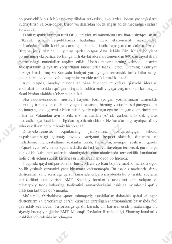 , mushipar onalar, norasida go‘daklarni ko‘chalarda sargardon qilmoqda. ming taassufki, bizning yurtimizdan ham ayrim yoshlar ota-onasini qon yig‘latib suriya, iroq kabi fitna o‘choqlariga ketib qolmoqdalar. u yerlarda diydasi qotgan jallodlarga aylangan bu johillar yurtiga qurol o‘qtalib o‘z xalqi, ota-onasi va dindoshlariga tahdid bilan dag‘dag‘a qilishdek tubanlikka yuz tutyaptilar. aqidaparastlik jamiyatimizdagi fuqarolarni “haqiqiy” va “soxta” dindorlarga ajratishi bilan ham tahdid solmoqda. bunday harakatlarning oddiy misollari sifatida go‘yoki islomiy libos deb ilgari surilayotgan “hijob” masalasiga haddan tashqari urg‘u berish, dunyoviy hayot kechiruvchi fuqarolarni go‘yoki “imoni sust” sifatida ko‘rishni qayd etish mumkin. ta’kidlash joizki, bunday fitna chiqarishlar qanday oqibatlarga olib kelishi afg‘oniston, pokiston va jazoirda sodir bo‘lgan hamda hozirda iroq va suriya davlatlarida yuz berayotgan voqealardan bizga ma’lum. barcha buyumlarni “halol” va “harom”ga ajratishda g‘uluvga ketish oqibatida ba’zi qo‘shni mamlakatlarimizda hattoki “halol taksi” chiqqanini qanday izohlash mumkin? vaholanki, islom dini o‘rtalik, mo‘’tadillikka chaqiradi. darhaqiqat hozirgi kunga kelib diniy-ekstremistik tashkilotlar keng tarmoqli tizimga aylanib …