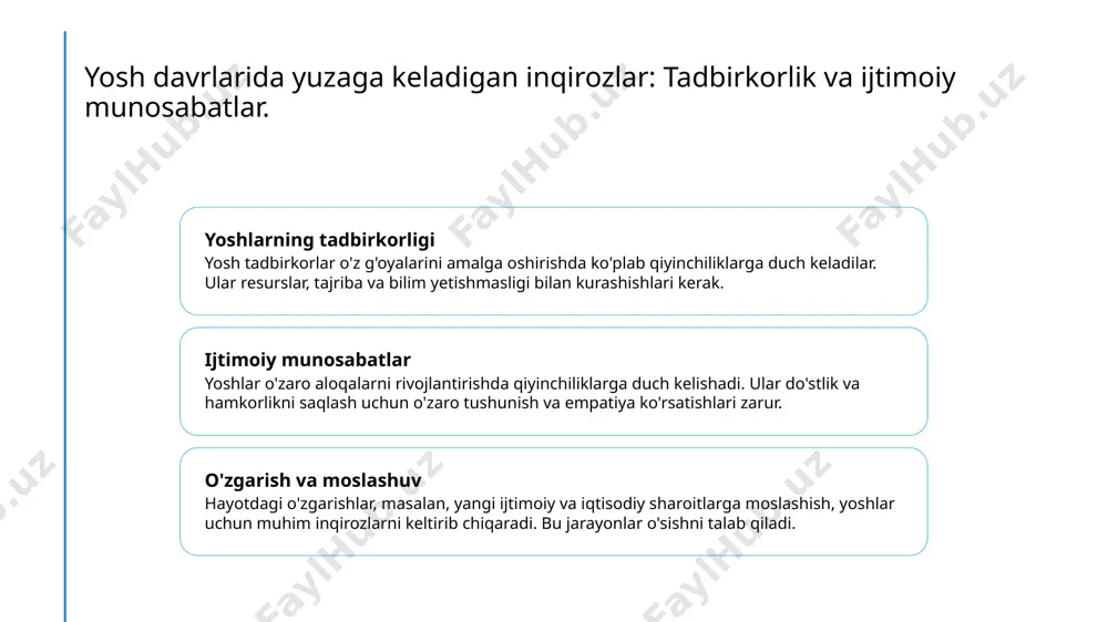 omillar, inson taraqqiyotiga salbiy ta'sir ko'rsatishi mumkin. ular yangi yechimlar talab qiladi. madaniyatni rivojlantirish va muammolarni hal qilish uchun ta'lim, innovatsiya va hamkorlik muhim ahamiyatga ega. bu, kelajakda barqaror taraqqiyotga olib keladi. xulosa 01 hayot davrlaridagi inqirozlar hayot tsikllarida har bir inqiroz o'zgarish va o'sish imkoniyatini yaratadi. bu davrlar inson taraqqiyotiga ta'sir qiladi va yangi yo'nalishlarni ochadi. 02 madaniyat va jamiyat madaniyat va jamiyat o'rtasidagi o'zaro ta'sir, inqirozlar paytida yanada kuchayadi. an'anaviy qadriyatlar zamonaviy talablarga moslashishga intiladi. 03 yoshlar va o'zgarish yoshlarning o'zgarishlari, o'smirlikdan kattalikka o'tish jarayonida muhim ahamiyatga ega. bu bosqichda ijtimoiy munosabatlar va tadbirkorlik ko'nikmalari shakllanadi. e'tiboringiz uchun rahmat!