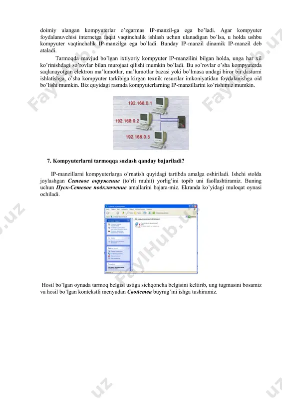 ng muhim elementlaridan biri bu manzillardir. manzillarni quyidagi uchta turga ajratishimiz mumkin: 0. dns(domain name system-domen nomlar sistemasi) : www.qarshidu.uz 0. ip(internet protocol) : 192.168.1.254 • mas: a1-12-b4-90-4c-8c. ushbu qayd etilgan manzillardan lokal strukturali tarmoq uchun qulay bo’lgan manzil bu ip manzillashdir. ip manzillashda asosan 4 baytli sonlar yordamida ifodalangan manzillashdan foydalaniladi. bu jarayonni amalga oshirish uchun tarmoqning strukturasi tashkil etilganidan so’ng har bir kompyuterga alohida ip manzillar beriladi. internet tarkibiga kirgan har bir kompyuter to’rt qismdan tashkil topgan o’z manziliga ega, masalan: 192.168.13.17. ushbu manzil ip (internet protocol) - manzil deb ataladi. internetga doimiy ulangan kompyuterlar o’zgarmas ip-manzil-ga ega bo’ladi. agar kompyuter foydalanuvchisi internetga faqat vaqtinchalik ishlash uchun ulanadigan bo’lsa, u holda ushbu kompyuter vaqtinchalik ip-manzilga ega bo’ladi. bunday ip-manzil dinamik ip-manzil deb ataladi. tarmoqda mavjud bo’lgan ixtiyoriy kompyuter ip-manzilini bilgan holda, unga har xil ko’rinishdagi so’rovlar bilan murojaat qilishi mumkin bo’ladi. bu so’rovlar o’sha kompyuterda saqlanayotgan elektron ma’lumotlar, …