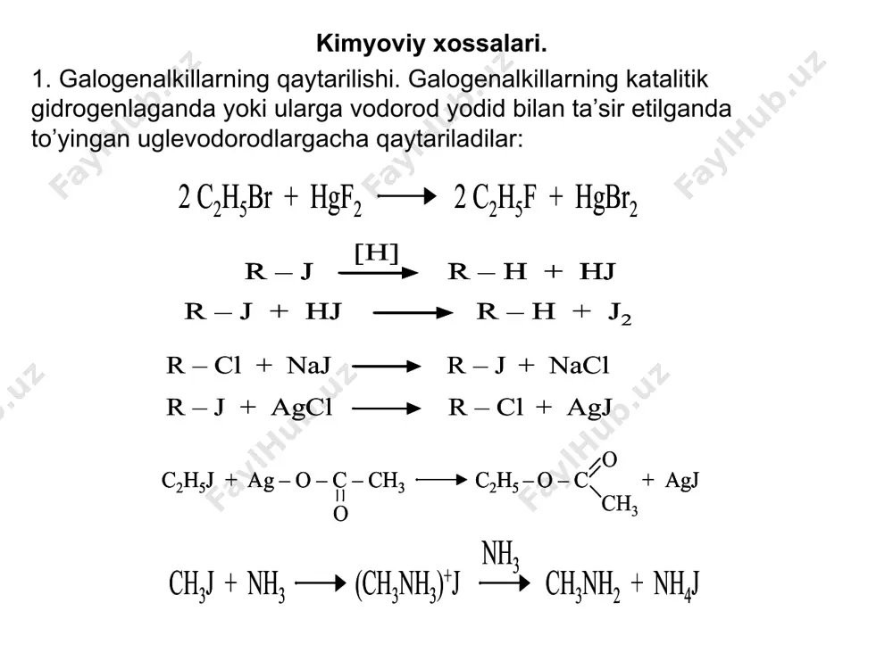 iol (beqaror) propanal nh4oh → ch3-ch2-cooh + 2ag↓ + nh3↑ + h2o propan kislota 2) ch3-ch(cl)-ch2(cl) + 2koh (suv)→ ch3-c≡ch +ag2o + (nh4oh)→ ch3-c≡cag↓ 1,2-dixlorpropan -2kcl propin +nh3↑ + h2o 3) ch3-c(cl)2-ch3+2koh (suv)→[ch3-c(oh)2-ch3]↔ch3-co-ch3 +ag2o+nh4oh→x 2,2-dixlorpropan -2kcl 2,2-propandiol (beqaror) propanon 4) ch2(cl)-ch2-ch2(cl) + 2koh (suv)→ [ch2=c=ch2] ↔ ch3-c≡ch+ag2o + nh4oh→ 1,2-dixlorpropan -2kcl propdien propin ch3-c≡cag↓+ nh3↑ + h2o 3-masala. butin-1, divinil va izoprendan iborat aralashmani to’la bromlash uchun 2,4 mol brom sarflandi, shuncha miqdordagi aralashmaga kumush (i)oksidning ammiakdagi eritmasi ta’sir ettirilganda 48,3g cho’kma tushdi. boshlang’ich aralashmani miqdorini molda aniqlang. 1) butin-1 va divinil bir xil tarkibga ega - c4h6, izopren – c5h8 c4h6 + 2br2 = c4h6br4 ; c5h8 + 2br2 = c5h8br4 2) kumush (i) oksidining ammiakdagi eritmasi bilan faqat butin-1 reaksiyaga kirishadi. x=0,3 mol 48,3g ch3-ch2-c≡ch + ag2o + nh4oh → ch3- ch2-c≡cag↓ +nh3↑ + h2o 1 mol 161g 3) butin-1 ning to’la bromlashi uchun 0,6 mol brom sarflanadi. …