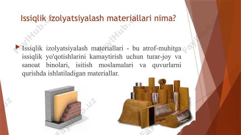 oldini oladi, shuning uchun u yong'in izolyatsiyasida qo'llaniladi. mineral paxta juda kam qisqarishni beradi, bu materialning geometrik o'lchamlari butun xizmat muddati davomida saqlanishini ta'minlaydi va "sovuq ko'priklar" paydo bo'lishining oldini oladi. mineral paxtaning kamchiliklari uning yuqori bug o`tkazuvchanligidir . shisha paxta shisha paxta - bu shisha sanoati chiqindilaridan tayyorlangan shisha shtapel tolasi bo'lib, ko'p miqdorda organik bog'lovchi komponentlar mavjud. ovoz va issiqlik izolyatori sifatida keng qo'llaniladi . kimyoviy ta'sirga juda chidamli. gigroskopik bo'lmagan, korroziy bo'lmagan, yonmaydigan, yong'inga duchor bo'lganda toksik moddalar chiqarmaydi. tosh paxta tosh paxta - bu asosan erigan magmatik jinslardan tayyorlangan mineral paxta. bazalt izolyatsiyasi o'z xususiyatlariga ko'ra universal issiqlik izolatsiyasi hisoblanadi. boshqa hech qanday material kabi, u yuqori darajadagi yong'inga chidamlilik bilan mukammal issiqlik izolyatsiyasi va ovoz yalıtımı xususiyatlarini birlashtiradi. mineral tosh paxtaidan tayyorlangan bazalt izolyatsiyasi sanoat, fuqarolik va kam qavatli qurilishda keng qo'llaniladi. shlakli paxta shlakli paxta - eritilgan yuqori o'choq cürufidan tayyorlangan mineral paxta. mineral …