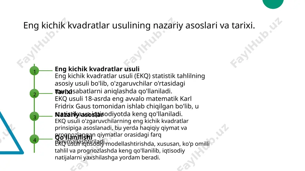 tatistika usullaridan biri bo'lib, ma'lumotlar to'plamini tahlil qilishda keng qo'llaniladi. 2 model qushish turli iqtisodiy o'zgaruvchilar o'rtasidagi munosabatlarni modellashtirishda eng kichik kvadratlar usuli muhim rol o'ynaydi, parametrlarni aniqlashni osonlashtiradi. 3 prognoz yaratish ushbu usul yordamida iqtisodiy ko'rsatkichlarni prognoz qilish mumkin. o'zbekiston iqtisodiyotida bu jarayon tadqiqotlar va strategik rejalashtirishda muhimdir. 4 amaliy misollar o'zbekiston iqtisodiyoti bo'yicha eng kichik kvadratlar usulidan foydalanish misollari, real hayotdagi iqtisodiy muammolarni hal qilishda samarali natijalar beradi. ko'p omilli iqtisodiy modellarda eng kichik kvadratlar usulining ahamiyati. iqtisodiy tahlilning asoslari prognozlashda samaradorlik o'zgaruvchilar orasidagi munosabat ko'p omilli modellarda eng kichik kvadratlar usuli iqtisodiy o'zgaruvchilar o'rtasidagi bog'lanishlarni aniq tahlil qilish imkonini beradi. ushbu usul yordamida iqtisodiy prognozlar aniqroq va ishonchli bo'ladi, bu esa qaror qabul qilish jarayonini yaxshilaydi. eng kichik kvadratlar usuli yordamida iqtisodiy o'zgaruvchilar o'rtasidagi murakkab munosabatlar aniqlanadi, bu esa strategik rejalar tuzishga yordam beradi. iqtisodiy o'zgaruvchilar o'rtasidagi munosabatlarni tahlil qilish. 1 iqtisodiy o'zgaruvchilar - iqtisodiy o'zgaruvchilar bir-biriga …