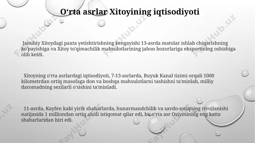 , taxminan 1 million kishilik qoʻshin yigʻilgan va ular mamlakatni nazorat qilish uchun keng miqyosda harbiy kuchlardan foydalanishgan. mashhur oʻrta asr xitoy shaxslari xiii asrda yashab oʻtgan buyuk xitoylik sayyohlaridan biri boʻlgan xuan tsang 17 yil davomida hindistonga sayohat qilib, 657 yilda 657 ta buddist yozuvlarini olib qaytgan. vii asrda xitoyning chang’an shahrida yashab ijod qilgan taniqli buddist rohibi xuanzang, buddaning 657 ta sutrasini sanskritdan xitoy tiliga tarjima qilgan. ming sulolasi davrida (1368-1644) yashab ijod qilgan mashhur xitoylik rassom va shoir zheng banqiao, yangzhou shahrida tug'ilib, 800 dan ortiq she'r va rasm asarlarini yaratgan. buyuk xitoy devori va uning ahamiyati gansu provinsiyasidagi jiayuguan qal’asi buyuk xitoy devorining gʻarbiy chegarasini belgilab, strategik ahamiyatga ega boʻlgan muhim mudofaa inshootlaridan biri edi. buyuk xitoy devorining uzunligi 21 196 kilometrdan ortiq boʻlib, ming yillar davomida turli xonadonlar tomonidan qurilgan qismlardan iborat murakkab inshoot hisoblanadi. ming sulolasi davrida (1368-1644) buyuk xitoy devori keng miqyosda taʼmirlanib, …