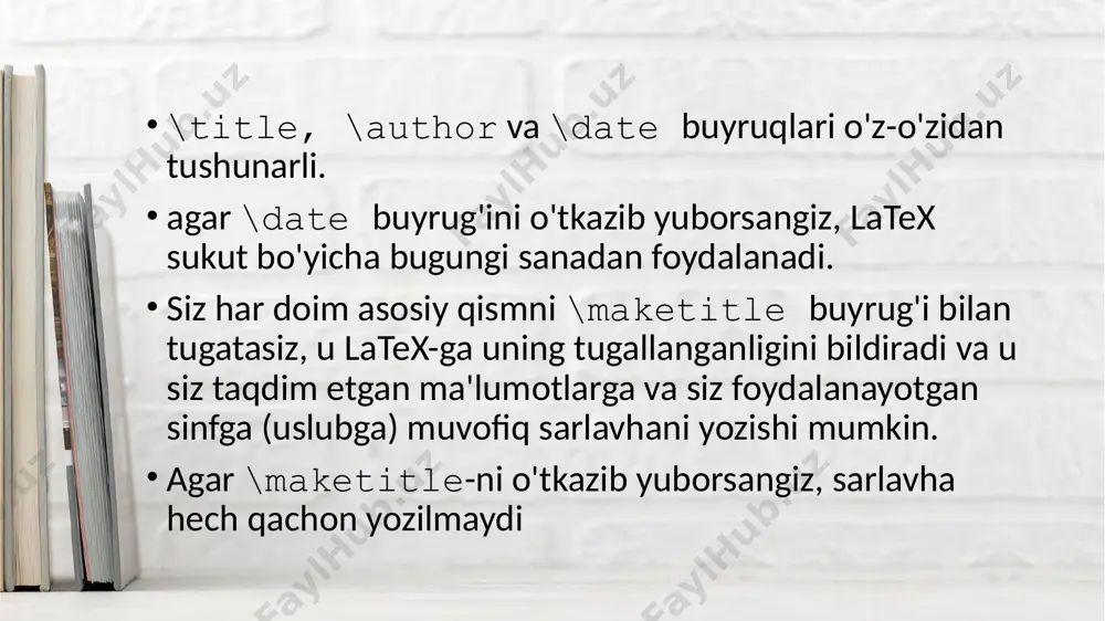 i o'zgartirish uchun preambulada quyidagi buyruqdan foydalanish mumkin: bu mundarijani paragraflargacha o'z ichiga oladi. ushbu sahifada darajalar yuqorida tavsiflangan. e'tibor bering, ushbu yechim chuqurlikni dinamik ravishda o'zgartirishga ruxsat bermaydi \setcounter{tocdepth}{4} siz pdf readerlari uchun foydali bo'lishi mumkin bo'lgan maxsus bo'lim turining chuqurligini o'zgartirishingiz mumkin (agar siz hiperref paketidan foydalansangiz): \makeatletter \renewcommand*{\toclevel@chapter}{-1} % put chapter depth at the same level as \part. \chapter{epilogue} \renewcommand*{\toclevel@chapter}{0} % put chapter depth back to its default value. \makeatother kitob tuzilishi standart latex kitob klassi yuqorida tavsiflangan bir xil tartibga ba'zi qo'shimchalar bilan amal qiladi. odatda kitob ikki tomonlama bo'ladi, ya'ni chap va o'ng chekkalar sahifa raqamlari tengligiga qarab o'zgaradi. bundan tashqari joriy bob va bo'lim sarlavhada chop etiladi. bundan tashqari, sinf hujjatning ba'zi joylarini formatlashni o'zgartirish uchun makroslarni taqdim etadi. ulardan to'g'ri foydalanish bo'yicha sizga ba'zi maslahatlar beramiz. \begin{document} \frontmatter \maketitle % introductory chapters \chapter{preface} % ... \mainmatter \chapter{first chapter} % ... \appendix \chapter{first appendix} …