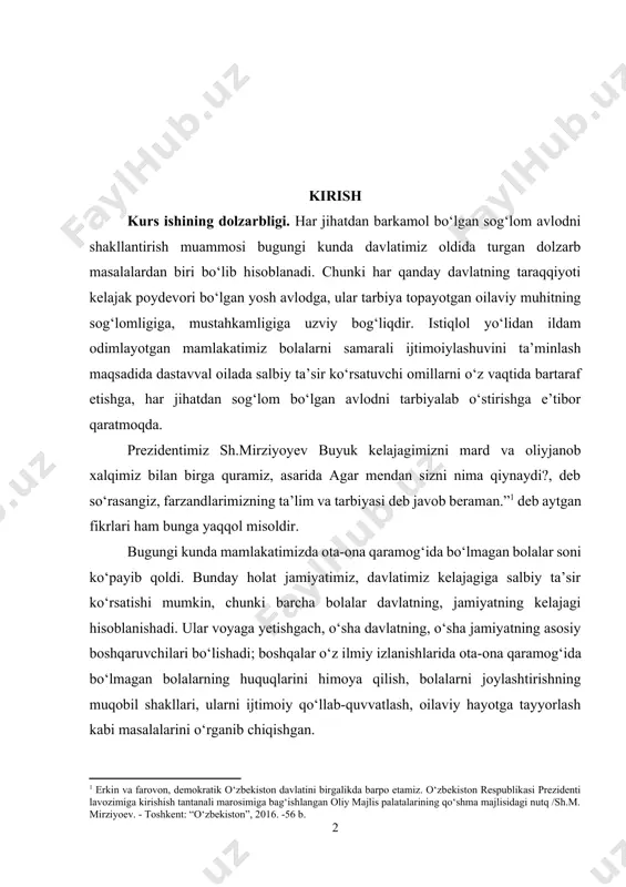 giz, farzandlarimizning ta’lim va tarbiyasi deb javob beraman.”[footnoteref:1] deb aytgan fikrlari ham bunga yaqqol misoldir. [1: erkin va farovon, demokratik o‘zbekiston davlatini birgalikda barpo etamiz. o‘zbekiston respublikasi prezidenti lavozimiga kirishish tantanali marosimiga bag‘ishlangan oliy majlis palatalarining qo‘shma majlisidagi nutq /sh.m. mirziyoev. - toshkent: “o‘zbekiston”, 2016. -56 b.] bugungi kunda mamlakatimizda ota-ona qaramog‘ida bo‘lmagan bolalar soni ko‘payib qoldi. bunday holat jamiyatimiz, davlatimiz kelajagiga salbiy ta’sir ko‘rsatishi mumkin, chunki barcha bolalar davlatning, jamiyatning kelajagi hisoblanishadi. ular voyaga yetishgach, o‘sha davlatning, o‘sha jamiyatning asosiy boshqaruvchilari bo‘lishadi; boshqalar o‘z ilmiy izlanishlarida ota-ona qaramog‘ida bo‘lmagan bolalarning huquqlarini himoya qilish, bolalarni joylashtirishning muqobil shakllari, ularni ijtimoiy qo‘llab-quvvatlash, oilaviy hayotga tayyorlash kabi masalalarini o‘rganib chiqishgan. kurs ishining maqsad va vazifalari. ota-ona qaramog‘ida bo‘lmagan muruvvat uyidagi bolalar bilan ijtimoiy pedagogik ish yuritishda pedagog-psixologlar faoliyatini yanada takomillashtirish va amaliyotga joriy etishning ilmiy asoslarini nazariy va amaliy jihatdan tadqiq etish kurs ishining maqsadi bo‘lib hisoblanadi. shu ma’noda, mazkur maqsadni amalga …