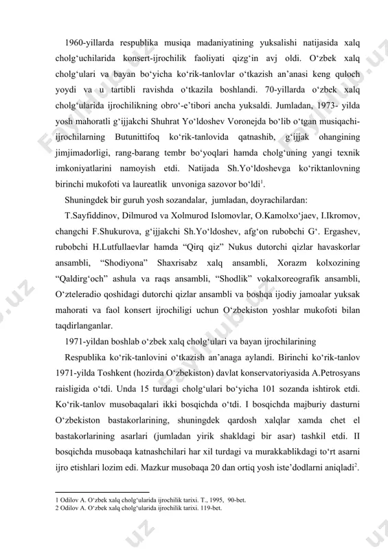 etdi. ko‘rik-tanlov musobaqalari ikki bosqichda o‘tdi. i bosqichda majburiy dasturni o‘zbekiston bastakorlarining, shuningdek qardosh xalqlar xamda chet el bastakorlarining asarlari (jumladan yirik shakldagi bir asar) tashkil etdi. ii bosqichda musobaqa katnashchilari har xil turdagi va murakkablikdagi to‘rt asarni ijro etishlari lozim edi. mazkur musobaqa 20 dan ortiq yosh iste’dodlarni aniqladi . shuhrat yo‘ldoshev, botir rasulov (g‘ijjak). fazilat shukurova, rustam ne’matov (chang), abdusalom malikov (prima-rubobi), pinxas bakoev (qashkar rubobi), xasan komilov (g‘ijjak-bas), boqijon rahimjonov (dutor), bahtiyor yo‘ldoshev (doira) kabi sozandalar tanlov sohiblari katoridan joy oldilar. ko‘rikning o‘ziga xos xususiyati xalk musiqasi hamda i.bax, l.betxoven, f.list, f.shopen, k. sen-sans, m.glinka, p.chaykovskiy, s.prokofev, a.xachaturyan va boshqa jahon klassik kompozitorlari asarlarining mohirona ijrosida namoyon bo‘ldi. 1974-yil fevralida ikkinchi respublika ko‘rik-tanlovi bo‘lib o‘tdi (hay’at raisi a.petrosyans). unda respublikaning deyarli barcha viloyatlaridan kelgan 76 sozanda ishtirok etib, ulardan 20 tasi g‘olib deb topildi. o‘zbekistonda xizmat ko‘rsatgan san’at arbobi, kompozitor sobir boboev raislik qilgan iii ko‘rik-tanlov 1980-yilda …