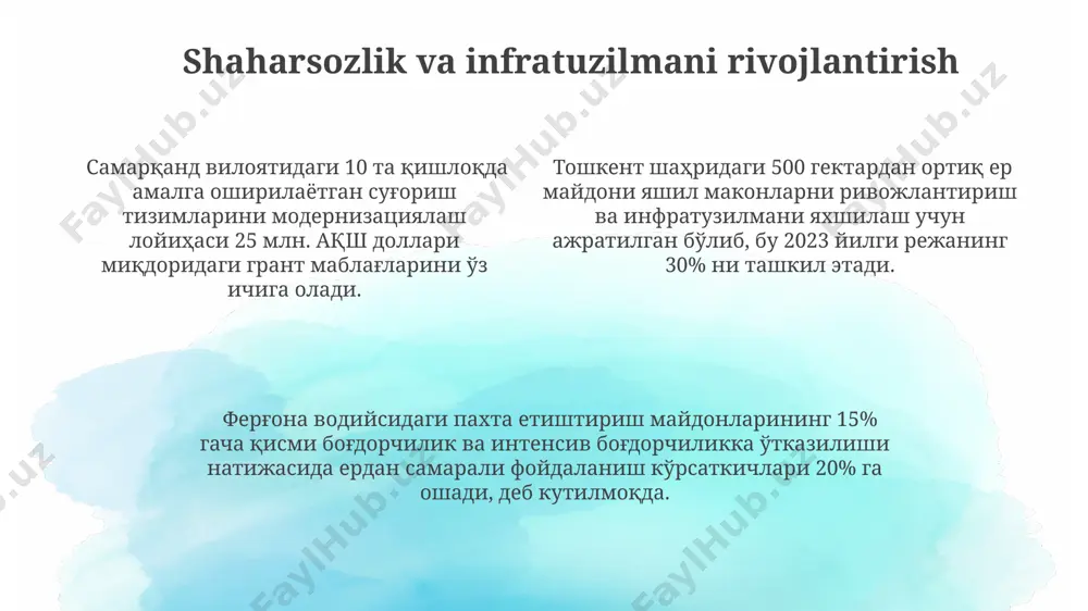 n tadqiqotlar shuni koʻrsatdiki, notoʻgʻri sugʻorish usullari tufayli 15% ga yaqin yer maydoni shoʻrlanib, unumdorligi 50% ga kamaygan. aholining tez oʻsishi va oʻrmonlarning kesilishi natijasida, navoiy viloyatining 10% dan ortiq yer maydonida cho'l bosish jarayoni kuchayib, biologik xilma-xillikni yoʻqotish xavfi mavjud. kelajakdagi istiqbollar va taraqqiyot strategiyasi 2025 йилгача тошкент шаҳрида яшил майдонлар ҳажмини 15% га ошириш, шу жумладан, 500 гектардан ортиқ янги боғ ва парк майдонларини яратиш режалаштирилган. сурхондарё вилоятидаги пахтачилик ерларининг 10% дан ортиғи экологик тоза деҳқончилик усулларига ўтказилиб, сув ресурсларидан самарали фойдаланишни таъминлайди. қорақалпоғистон республикасидаги чўл ерларнинг 3000 гектарини дарахтзорлаштириш бўйича кенг кўламли лойиҳа 2024 йилда бошланиб, чангли бўронларни камайтиришга ёрдам беради. e'tiboringiz uchun rahmat @taqdimot_robot image1.png