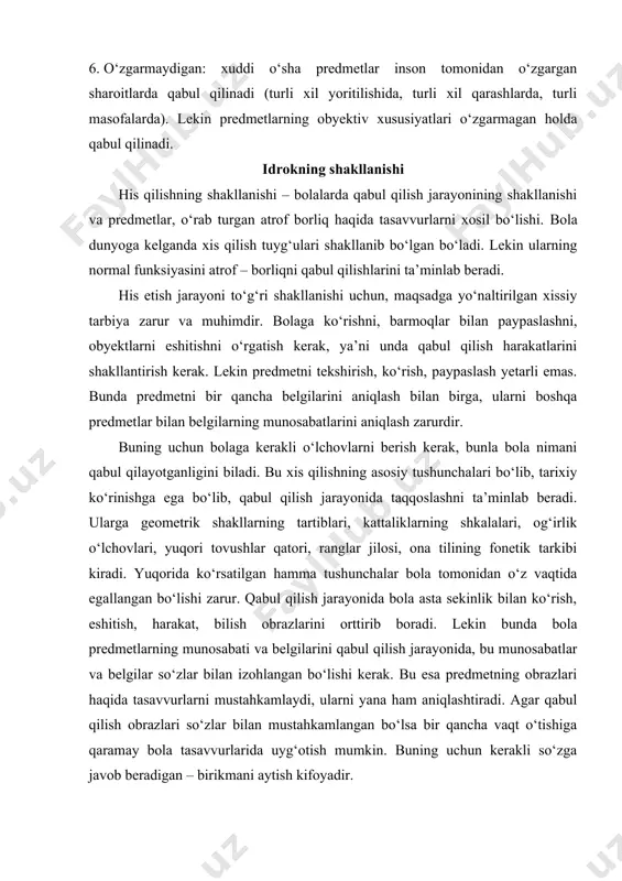 an mustahkamlangan bo‘lsa bir qancha vaqt o‘tishiga qaramay bola tasavvurlarida uyg‘otish mumkin. buning uchun kerakli so‘zga javob beradigan – birikmani aytish kifoyadir. nutq buzilishlarida uchraydigan idrok jarayonining alohida xususiyatlari idrok qilishning fonematik buzilishi nutqida kamchiligi bo‘lgan bolalarning hammasida belgilanadi, bunda nutq eshitish va nutq harakat analizatorlari orasidagi bog‘liqlik bo‘lmasligi kuzatiladi. ma’lumki, dizartriya va rinolaliyada uchraydigan nutq harakat analizatori funksiyasining buzilishi, tovushlarni eshitish orqali qabul qilishga ta’sir qiladi. (g.f.cergeyeva). bunda har doim ham tovushlarni talaffuz qilishida buzilishlar va qabul qilishidagi buzilishlar uchramaydi. nutq nusoniga ega bo‘lgan bolalarda tovushlarni ajratishda qiyinchiliklar uchraydi, bu esa nutqning tovush tomonini rivojlanishiga o‘z tasirini ko‘rsatadi. bular yana ikkilamchi nuqson sifatida tovushlarni talaffuz qilishga ham o‘z tasirini ko‘rsatadi. bunday bolalar nutqidagi kamchiliklar, artikulyatsion apparati kamchiliklari asosida tovush talaffuz qilishdagi o‘zgarishlar, ko‘pgina almashtirishlar, artikulyatsion apparat o‘z funksiyasini to‘lik bajarmasligi natijasida fonematik qabul qilishiga birinchi o‘rinda tasir qilib, uning shakllanishiga yo‘l qo‘ymaydi. bazida bunday bolalarda ba’zi-bir tovushlarni eshitib, ajratish …