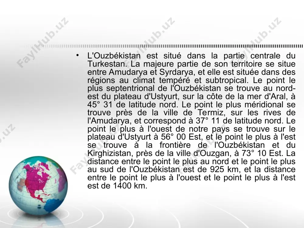 amudarya ont créé des conditions favorables au développement de l'économie de la république. le territoire de l'ouzbékistan s'étend du sud-est au nord-ouest et diminue dans cette direction. notre pays diffère fortement du tadjikistan et du kirghizistan en termes de structure de surface. une grande partie du territoire de l'ouzbékistan (71%) se compose de vallées, de plaines et de plaines étroites propices à l'agriculture. l'abondance de terres plates et le débit de l'amudarya, syrdarya, zarafshan, chirchik, kashkadarya et d'autres rivières, le climat favorable, ont permis le développement de l'agriculture irriguée, en particulier du coton, depuis longtemps. les références: ermakov yu.g. je dr. géographie physique materikov i okeanov. m : école vqsshaya, 1988. ryabchikov a.m. géographie physique materikov i okeanov. m : école vqsshaya, 1988. géographie physique de l'océan mondial. m: izdatelpstvo moskovskogo universiteta, 1988. ryabchikov a.m. géographie naturelle des continents du monde, tachkent, 1968. vlasova t.m. géographie physique materikov i okeanov. …
