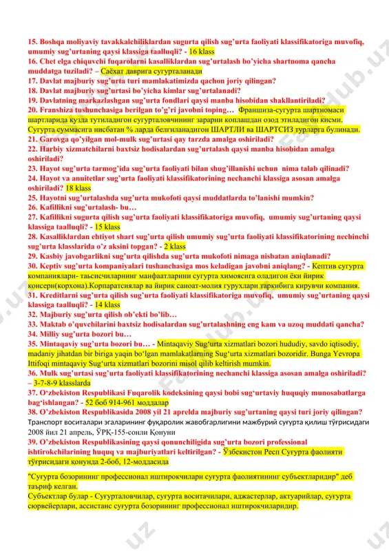 t bo’yicha to’lov o'zgarishsiz qoladigan, ammo uning tuzilishi o'zgarib turadigan oylik to'lovlar sxemasi annuitet deb ataladi. 9. assistans kompaniyalarining asosiy vazifasi – bu… ассистанс бу ёрдамчи деган маънони англатади. суғурталовчи билан шартнома тузади ва суғурталовчининг суғурталанувчиларини яъни мижозларини қабул қилади суғурта шартномасида назарда тутилган суғурта ҳодисаси юз берганда уларга суғурта хизматларига ёрдам беради. мисол ўзбекистон ўзбекинвест суғурталовчи компанияси хорижда ассистанс компания билан шартнома тузган бўлса. ўзбекинвест мижозлари хорижга чиқсалар уларга бирор бир ходиса юз бериб касалхонага тушсалар уларни даволанишига суғурта шартномасида полисида кўрсатилган суммани ассистанс компания ўзбекинвест номидан тўлаб беради. суғурта товони (тўлови). ассистанс суғурта қилдирувчиларга (суғурталанган шахсларга, наф олувчиларга) ҳамда суғурталовчиларга суғурта шартномаси доирасида ассистанс хизматлари, техник, тиббий ва бошқа хизматлар кўрсатувчи, шунингдек уларга молиявий кўмак берувчи жисмоний ёки юридик шахсдир. 10. abandon nima? - абандон- сугурта ходисаси юз берганда сугурта пулини тула олиш сугурталовчининг сугурталанган мулкка булган хукукдан сугурталовчи фойдасига вос кечиш хукуки. 11. avtotransport egalarining fuqarolik javobgarligini …