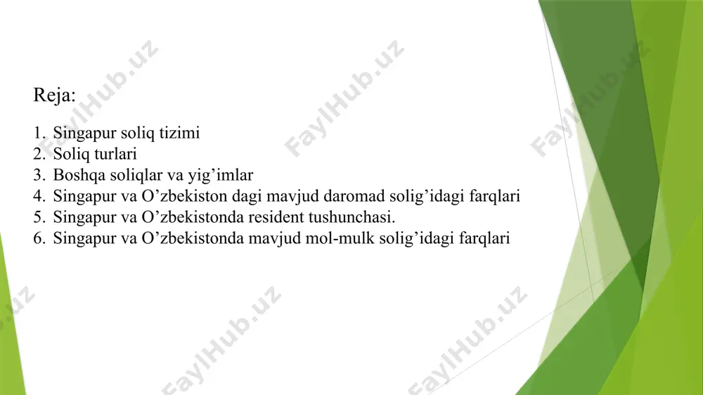 7) mol-mulk solig‘i; 8) yer solig‘i; 9) ijtimoiy soliq. o‘zbekiston respublikasi hududida quyidagi soliqlar belgilanadi: bojxona, aktsiz va uglerod soliqlari bojxona va aktsiz soliqlari: import qilinadigan mahsulotlar va ba’zi mahsulotlarga (masalan, tamaki va alkogol) qo‘llaniladi. uglerod solig‘i: atrof-muhitni muhofaza qilish uchun ishlab chiqarish va yoqilg‘i sarfi natijasida hosil bo‘ladigan karbonat angidrid (co₂) chiqindilariga soliq solinadi. avtotransport soliqlari avtomobil egalaridan olinadigan turli soliqlar (masalan, yo‘l solig‘i). transport kvotalari badali singapurda har bir avtomobil uchun maxsus kvota tizimi mavjud bo‘lib, avtomobil egalari ushbu kvota bo‘yicha maxsus badal to‘laydilar. davlat xizmatlari uchun yig‘imlar masalan, litsenziya olish, hujjatlar rasmiylashtirish va boshqa davlat xizmatlari uchun olinadigan yig‘imlar. singapurda amal qiluvchi boshqa soliqlar va yig’imlar: daromad solig‘i (income tax) jismoniy va yuridik shaxslarning daromadiga solinadi. singapurda jismoniy shaxslardan olinadigan daromad solig‘i o’zbekistonda singapurda daromad soliq solinadigan daromad quyidagi tartibda belgilanadi: 1. agar daromad singapurda ishlab topilgan yoki singapur manbalaridan olingan bo‘lsa, jismoniy shaxsning rezidentligidan qat'i nazar, …