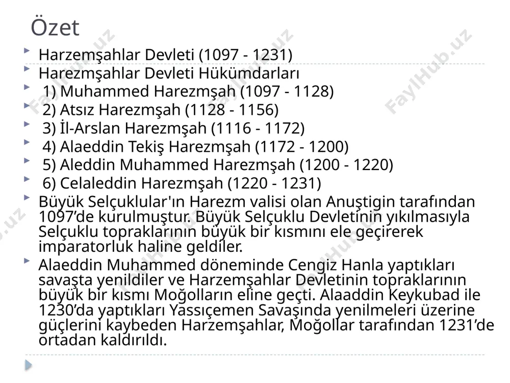 rdı. yalnız, ahmed yesevî ve onun yolundan gidenler, eserlerini türkçe yazdılar. muhammed bin keys adındaki yazarın celaleddin harezmşah'a sunduğu tibyân-ı lügati't-türkî alâ lisanü'l-kanglı (kanglı dilinde türk dili lügati) bu dönemde yazılan önemli eserlerden biridir. hârizmşâhların imar faaliyetlerine önem verdiklerini de biliyoruz. ancak moğol istilası nedeniyle günümüze bunların çok azı ulaşabilmiştir. image2.jpeg image3.jpeg image4.png image5.gif image6.png image7.png /docprops/thumbnail.jpeg