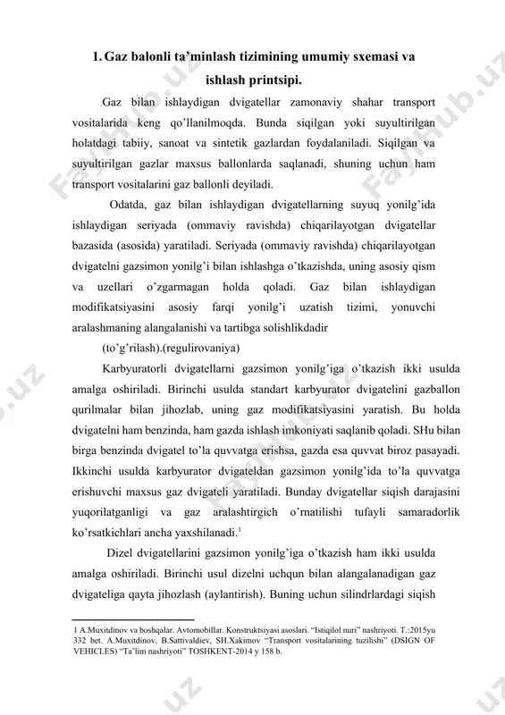 sh imkoniyati saqlanib qoladi. shu bilan birga benzinda dvigatel to’la quvvatga erishsa, gazda esa quvvat biroz pasayadi. ikkinchi usulda karbyurator dvigateldan gazsimon yonilg’ida to’la quvvatga erishuvchi maxsus gaz dvigateli yaratiladi. bunday dvigatellar siqish darajasini yuqorilatganligi va gaz aralashtirgich o’rnatilishi tufayli samaradorlik ko’rsatkichlari ancha yaxshilanadi.[footnoteref:1] [1: a.muxitdinov va boshqalar. avtomobillar. konstruktsiyasi asoslari. “istiqilol nuri” nashriyoti. t.:2015yu 332 bet. a.muxitdinov, b.sattivaldiev, sh.xakimov “transport vositalarining tuzilishi” (dsign of vehicles) “ta’lim nashriyoti” toshkent-2014 y 158 b. ] dizel dvigatellarini gazsimon yonilg’iga o’tkazish ham ikki usulda amalga oshiriladi. birinchi usul dizelni uchqun bilan alangalanadigan gaz dvigateliga qayta jihozlash (aylantirish). buning uchun silindrlardagi siqish darajasi 8-9 gacha kamaytirilib, o’t oldirish tizimi va gazballon qurilmalari o’rnatiladi. 2. gazlarning asosiy xususiyatlari. gaz ballonli avtomobillarda ishlatiladigan gazsimon yonilg’i tabiiy yoki suyultirilgan yonuvchi gazlar bo’lib, ular suyultirilgan neft gazi (sng), siqilgan va suyultirilgan tabiiy gaz (stg)bo’ladi. stg da ishlovchi avtomobil dvigatellari keng tarqalgan. snglar ballonlarda saqlanadi, bu turdagi gazlar uch …
