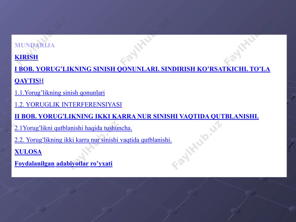 ng: muhitning absolut sindirish ko’rsatkichi deb, uning vakumga nisbatam olingan sindirish ko’rsatkichiga aytiladi. u yorug’likning bo’shliqdagi tezligi c ning shu muhitdagi tezligi v ga nisbati bilan aniqlanadi, ya’ni muhitning absolut sindirish ko’rsatkichi. yoki (1.1) ifodadan foydalansak, ifodani hosil qilamiz. bu yerda e - muhitning dielektrik singdiruvchanligi, - muhitning magnit kirituvchanligi. endi (4.1)ifodadan foydalanib, (4.2) ifodani quyidagi ko’rinishda yozamiz: agar yorug’lik sindirish ko’rsatkichi katta bo’lgan muhitdan (optik zichroq muhitdan) sindirish ko’rsatkichi kichik bo’lgan muhitga (optik zichligi kichikroq muhitga) sindirish ko’rsatkichi kichik bo’lgan muhitga ( optik zichligi kichikroq muhitga) o’tsa (n1>n2), u holda bo’ladi. bunda singan nur perpendicular chiziqdan ko’proq uzoqlashadi va sinsh burchagi i2 tushish burchagi i dan kattaroq bo’ladi. tushish burchagi ortishi bilan sinish burchagi ham kattalasha boradi. tushish burchagining biror (i1=icheg) qiymatida sinish burchagi ga teng bo’ladi tushish bo’rchagining i1>icheg qiymatidan boshlab barcha tushayotgan nurlar to’la qaytadi. icheg burchak esa chegaraviy burchak deyiladi. tushish burchagi o’zining chegaraviy qiymatiga yaqinlashgan …