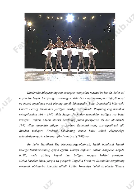 baletining sankt-peterburg shahrida bo'lib o'tdi. la sylphide eng qadimiy romantik baletlardan biri, la sylphide juda achinarli, hayoliy qurulishga asoslangan. yosh shotlandiyalik jeyms to'ydan ormandagi orzulari bilan raqsga tushish uchun ketmoqda. hammasi jeyms yoki uning orzusi, sylphide uchun yaxshi tugamaydi. bu ikki harakatli romantik balet birinchi bo'lib 1832-yilda koreograf filippo tagliioni tomonidan yaratilgan va keyingi versiyasi 1836-yilning avgustida bournonvilledan boshlangan. bournonville baleti vaqtga moslashish uchun taniqli bo'lgan va eng qadimgi tirik qolgan baletlardan biri sanaladi. the nutcracker - butun oila uchun mashhur rojdestvo baletidir va yillik dam olish kuni. ko'plar uchun bayramlar " the nutcracker" ning ishlashiga qo'shilmasdan to'liq ko'rinmaydi. har yili chipta sotishning 40 foizi taniqli amerika balet tashkilotlarida "the nutcracker" ning chiqishlaridan olingan. the nutcracker baleti, etti boshli sichqoncha podshohiga qarshi qozon shahzodasi va shafqatsiz kurashni orzu qilgan yosh qiz haqidagi hikoyaga asoslangan. bu ikki balli balet aslida chaykovskiyning musiqasi bilan birga marius petipa va lev ivanov tomonidan koreografiya …