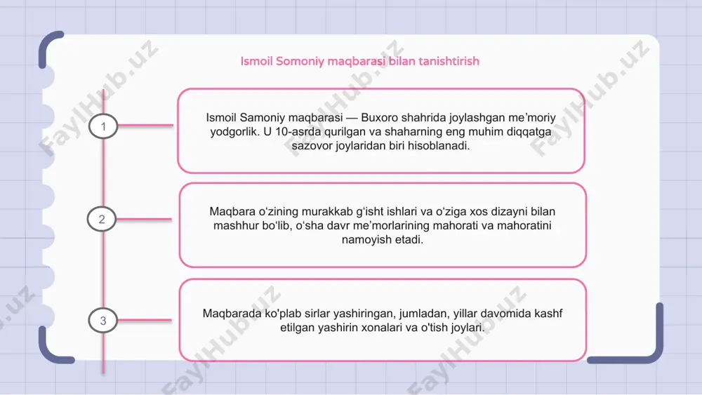 rakkab geometrik naqshlar bilan bezatilgan. ismoil somoniy maqbarasi ichida yashiringan sirlar ismoil somoniy maqbarasi — hozirgi oʻzbekistondagi qadimiy maqbara. u 10-asrda qurilgan va 9-asrning qudratli hukmdori ismoil somoniyning oxirgi dam olish maskanidir. maqbara oʻzining murakkab gʻisht ishlari va yashirin xonalari bilan mashhur. ismoil somoniy maqbarasiga mashhur ziyoratchilar ismoil somoniy maqbarasi — oʻzbekistonning buxoro shahrida joylashgan qadimiy maqbara. bu somoniylar sulolasi hukmdori ismoil somoniyning oromgohi. maqbara oʻzining murakkab gʻisht ishlari bilan mashhur boʻlib, unda geometrik va gulli naqshlar aks ettirilgan. u o'rta asrlar fors me'morchiligining durdona asari hisoblanadi. tarix davomida maqbaraga ko‘plab taniqli shaxslar, jumladan, dunyoning turli mamlakatlaridan olimlar, olimlar va yetakchilar tashrif buyurishgan. 1 2 3 fors madaniyatida ismoil somoniy maqbarasining ahamiyati ismoil somoniy maqbarasi fors madaniyatidagi muhim tarixiy joy. u o‘zbekistonning buxoro shahrida joylashgan bo‘lib, o‘zining noyob me’morchiligi bilan mashhur. maqbara islom arxitekturasining durdona asari hisoblanib, somoniylar sulolasining ramzi hisoblanadi. ismoil somoniy maqbarasining yashirin xonalarini kashf qilish ismoil somoniy …