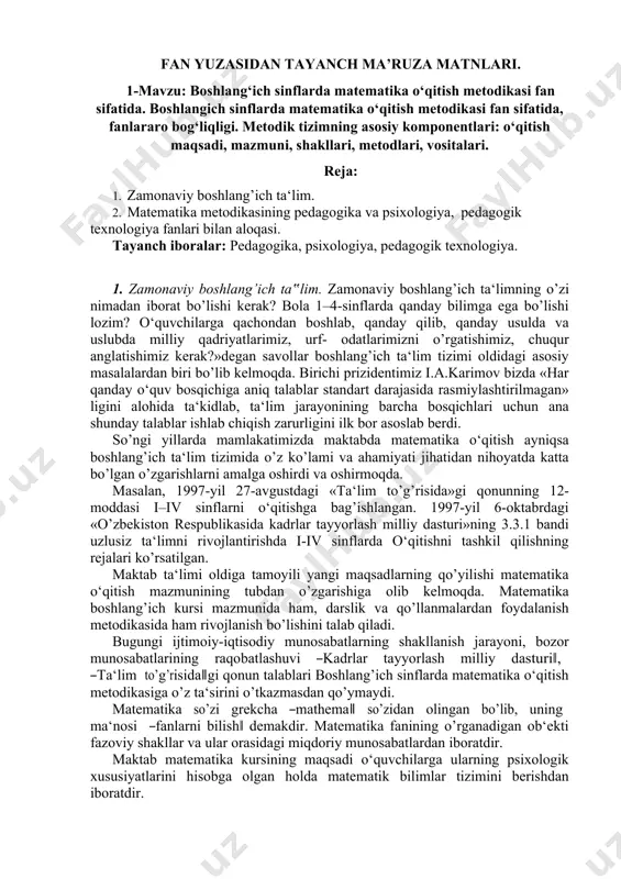 ligini ta‘minlaydi. shunday qilib, pedagogika metodikalarning aniq materialidan ―oziqlanadi‖, undan pedagogik umumlashtirishda foydalaniladi va o’z navbatida metodikalarni ishlab chiqishda yo’llanma bo’lib xizmat qiladi. matematika metodikasi pedagogika, psixologiya va yosh psixologiyasi bilan bog’liq. boshlang’ich matematika metodikasi ta‘limning boshqa fan metodikalari (ona tili, tabiatshunoslik, rasm, mehnat va boshqa fanlar o‘qitish metodikasi) bilan bog’liq. o‘qitishda predmetlararo bog’lanishni to’g’ri amalga oshirish uchun o‘qituvchi buni hisobga olishi juda muhimdir. ilmiy-tadqiqot metodlari – bu qonuniy bog’lanishlarni, munosabatlarni, aloqalarni o’rnatish va ilmiy nazariyalarni tuzish maqsadida ilmiy axborotlarni olish usullaridir. kuzatish, tajriba, maktab hujjatlari bilan tanishtirish, o‘quvchilar ishlarini o’rganish, suhbat va so’rovnomalar o’tkazish ilmiy-pedagogik tadqiqot metodlari jumlasiga kiradi. matematika metodikasi haqidagi tushuncha birinchi bo’lib shveytsariyalik pedagog matematik g.pestalosining 1803-yilda yozgan ―sonni ko’rgazmali o’rganish‖ asarida bayon qilingan. boshlang’ich ta‘lim haqida ulug’ mutafakkir abu rayhon beruniy, abu ali ibn sino va boshqalar ta‘lim va tarbiya haqidagi hur fikrlarida boshlang’ich ta‘lim asoslarini o’rganish muammolari haqida o’z davrida ilg’or g’oyalarni olg’a surganlar. …