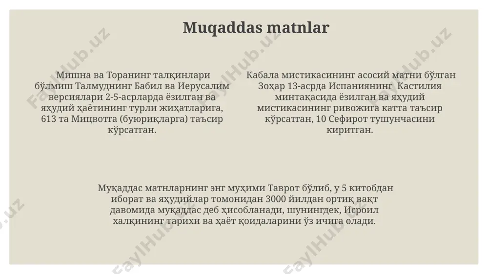 , o'qiladi va bu ibodatlarning o'ziga xos tartibi mavjud. nevi'im nevi'im, yahudiy ta'limotlarida tavrotning 5 kitobidan keyin keladigan 8 ta kitobni o'z ichiga oladi, bu kitoblar payg'ambarlarning bashoratlari va hikoyalarini, masalan, ishayo, yeremiyo va ezkielning bashoratlarini o'z ichiga oladi. nevi'im qismlari "nevi'im rishonim" (dastlabki payg'ambarlar), 5 kitobdan iborat bo'lib, unda ioshua, hakimler, samuel va shohlar kitoblari bo'lib, isroil xalqining falastin yerlaridagi tarixi bayon qilingan. nevi'imning "nevi'im aharonim" (keyingi payg'ambarlar) qismi 12 ta kichik payg'ambarlar va ishayo, yeremiyo, ezkielning katta payg'ambarlar kitoblaridan iborat bo'lib, ular miloddan avvalgi 8-6-asrlarga to'g'ri keladi. shabbat shabbat davomida 39 ta taqiqlangan ish (melaxot) bajarilmaydi, bu ibodatga va oilaviy birgalikda vaqt o'tkazishga bag'ishlangan muqaddas vaqt hisoblanadi, isroilning ko'plab shaharlarida ham ommaviy ravishda nishonlanadi. shabbat bayrami o'ziga xos marosimlar, jumladan, sham yoqish, maxsus ibodatlar, oilaviy ovqatlar va qo'shiqlarni o'z ichiga oladi, bu an'analar ming yillar davomida ierusalim va butun dunyodagi yahudiy jamoalari orasida saqlanib kelmoqda. shabbat, yahudiy taqvimining …