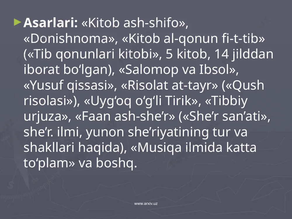 bdan iborat), «kuyosh soatlari to‘g‘risida», «hind arifmetikasi haqida kitob», «sinus zijlari», «yer sathini o‘lchash» va boshq. www.arxiv.uz xulosa tariximizda buyuk iz qoldirgan bu shaxslarning xizmatlari o’zlaridan keyingi avlod uchun katta yo’l ochib berdi. bu olimlar arab, fors, tojik, turkiy tillarni mukammal bilganlar. bularning tarjimaga qo’shgan hissasi orqali chet adabiyotdagi uslublar, ularning badiiy dunyoqarashi, turli fanlardagi yangiliklar ham kirib kelgan. www.arxiv.uz