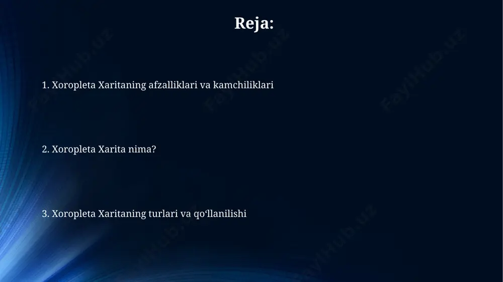 lan, 5 dan ortiq kategoriya taxlilni qiyinlashtiradi. xaritaning vizual dizayni xaritaning vizual dizaynida ranglarning 5-7 ta gradasiyadan foydalanish ma'lumotlarni aniq va tushunarli aks ettirishda muhim rol o'ynaydi, bu esa auditoriya uchun tahlilni soddalashtiradi. xaritaning vizual ifodasi, ya'ni shriftlarning o'lchami va turi, chegaralar qalinligi kabi elementlarni 12-15% ga o'zgartirish umumiy tushunarlilikka sezilarli ta'sir ko'rsatishi mumkin. xoropleta xaritalarining qo'llanilishi xoropleta xaritalari statistik ma'lumotlarni, masalan, 1000 kishiga nisbatan shifokorlar soni kabi ko'rsatkichlarni, aniq va tushunarli tarzda aks ettirish imkonini beradi. geografik hududlarning o'zaro taqqoslashini, 5 dan ortiq kategoriyalarga bo'linishini va mintaqaviy farqlarni aniqlashni soddalashtirishda xaritalar muhim rol o'ynaydi. ma'lumotlarni tayyorlash va tanlash noto'g'ri yoki etishmayotgan ma'lumotlar (masalan, 10% dan ortiq) natijalarni buzishi va xaritaning ishonchliligini pasaytirishi mumkin, shuning uchun ma'lumotlar tozalash muhim ahamiyatga ega. ma'lumotlarning geografik joylashuviga mos ravishda 1:100,000 shkalada aniqligi ta'minlangan poligonlarga ajratish va har bir poligon uchun o'rtacha qiymatni hisoblash choropleth xaritalarining aniqligiga ta'sir qiladi. xoropleta xaritalarining turlari xoropleta xaritalarining …