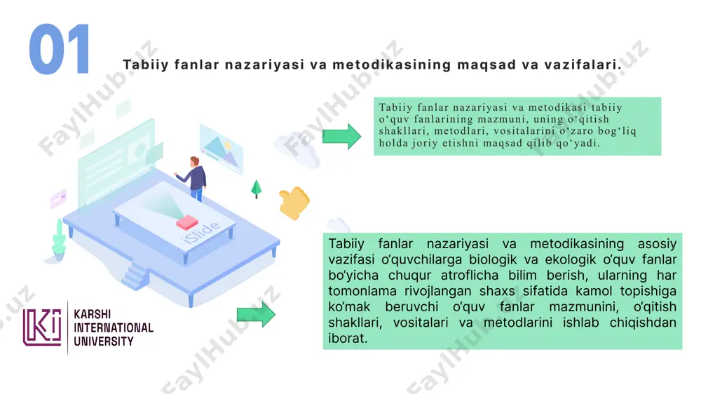 rgansa va u maktabdagi barcha o‘quv fanlari uchun o‘qitish nazariyalarni va prinsiplarini ishlab chiqsa, biologiya o‘qitish metodikasi biologiya bilan bog‘liq o‘qitish va tarbiyalash mazmuni, shakllari, va metodlari hamda vositalari bilan bog‘liq nazariy va amaliy masalalarni ishlab chiqadi. tabiiy fanlar nazariyasi va metodikasi psixologiya bilan uzviy aloqadadir. chunki, biologiyani o‘qitish o‘quvchilarning yosh xususiyatlariga mos bo‘lgan taqdirdagina samara beradi. tabiiy fanlar kursining asosiy g ‘oyasi jonsiz tabiat omillarining aloqasini mohiyatini ochishdan, 0‘simlik va hayvonlar hayoti tabiat komponentlarining ta’siri, odamning tabiatga ta’siri, odamning tabiat elementlaridan ratsional foydalanishi, tabiatni muhofaza qilish, uning resurslarini qayta tiklash masalalari maktab tabiiy fanlar dasturida o‘z aksini topgan. e’tiboringiz uchun tashakkur!!! image1.png image3.png image2.png image4.jpeg