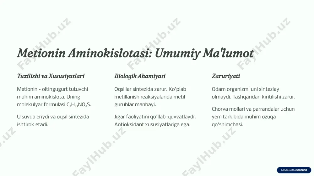 hi tur. ozuqa qo'shimchalari tayyorlashda qo'llaniladi. 2 candida utilis sanoat chiqindilaridan metionin sintezlash imkoniyatiga ega. arzon substratlardan foydalanish mumkin. 3 aspergillus niger mog'orlar orasida yaxshi o'rganilgan tur. yem tarkibida ishlatiladi. 4 neurospora crassa genetik modifikatsiya uchun model organizm. metionin sintezi mexanizmlarini o'rganishda muhim. 5 mikroorganizmlarda metionin sintezining mexanizmlari aspartat → gomoserin aspartik kislota fosforlanishi va qaytarilishi natijasida gomoserin hosil bo'ladi. transsulfuratsiya gomoserindan sistatin hosil bo'ladi. keyin gomosistein sintezlanadi. metillanish gomosisteinga metil guruhi qo'shiladi. metil kobalamin va tetrahidrofolat ishtirok etadi. genetik regulyatsiya metr, metj, metk genlar metionin sintezini nazorat qiladi. 6 metionin sinteziga ta'sir etuvchi omillar muhit tarkibi uglerod, azot va oltingugurt manbalari metionin sinteziga ta'sir qiladi. melassa qo'shilishi hosildorlikni 20% ga oshiradi. harorat va ph optimal harorat 30-35°c. maqbul ph 6.5-7.0. kuchli og'ishlar ferment faolligini pasaytiradi. aeratsiya yetarli kislorod metionin sintezini 15% ga oshiradi. optimal dissolyutsiyalangan kislorod 30-40%. genetik modifikatsiya gen injeneriyasi hosildorlikni bir necha barobar oshiradi. metj repressor genini …