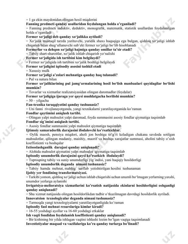lar nimalardan iborat? = ishlab chiqarilayotgan mahsulotlarni turli-tumanligidan bozor iqtisodiyotiga o’tish sharotida qishloq xo’jaligida qanday agrar-iqtisodiy islohotlar amalga oshirilmoqda = yer, mulk, moliya, kredit, baholar va soliq islohotlari bozor iqtisodiyoti sharoitida fermerlar yerni foydalanuvchilarga qanday muddatga berish kerak? = yerdan foydalanuvchilarga ma’lum miqdorda 30 yildan 50 yilgacha ijaraga beriladi bajarilgan ishlarni mexanizastiyalashgan darajasini aniqlash tartibi. = mexanizmlar yordamida bajarilgan ishlarni jami ish xajmiga taqsimlab bozor sharoitida bahoning qanday funkstiya va vazifalari mavjud = taqsimlash, boshqarish, rag`batlantirish, nazorat va o’lchov birligi davlat miqyosida strategik ahamiyatga ega bo’lgan o’simlikchilik tarmoqlari qaysilar? = paxtachilik va g`allachilik dehqon xo‘jaligi deb qanday xo‘jalikka aytiladi? = dehqon xo‘jaligi oilaviy mayda tovar xo‘jaligi bo‘lib, oila a’zolarining shaxsiy mehnati asosida qishloq xo‘jaligi mahsulotlari ishlab chiqaradi davlat xo’jaliklarini iqtisodiy negizini nima tashkil etadi? = davlat mulki, unga bo’lgan munosabat davr xarajatlari nima? = ishlab chiqarishni boshqarish va mahsulotlarni sotish bilan bog‘liq xarajatlar ekinlarni sug`orishning qanday usullari mavjud? = sug`orilishning …