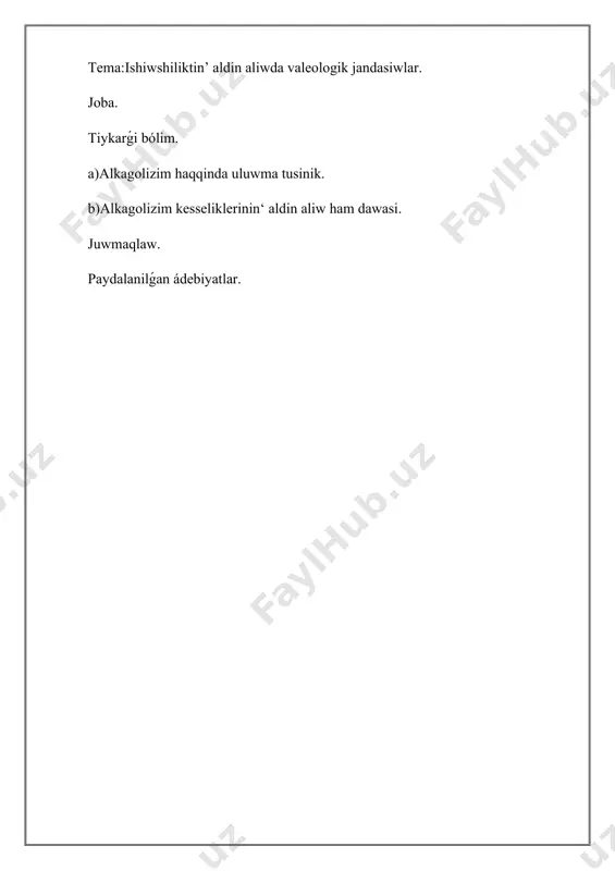 torlar toparına kiritiledi. psixologiyalıq faktorlarǵa insandı―hayotdagi qıyınshılıqlardan shaǵılısıw‖, quwanısh keyip sıyaqlı umtılıwları kiredi. biologiyalıq faktorlar degende násillik beyimlik, element almaslawınıń aynıwı hám basqalar túsiniledi. alkogol - umumhujayraviy uwlı zat retinde sıpalib, oraylıq nerv sistemasına tásir etedi. sonıń nátiyjesinde joqarı nerv iskerligi isten shıǵadı. daslep toqtap qalıw procesi zálellangani ushın qozǵalıw procesi ústivorlik qilsa, bara-bara onıń ózi de iskerlik kórsetpey qóyadı. alkogolizm adam organizmindegi hámme sistemalar hám aǵzalar iskerligine ziyan jetkeredi. máskúnem adam ózi ichayotgan ishkilik muǵdarın bilmay qóyadı, oraylıq hám periferik nerv sisteması iskerligi buzilib (psixik kesellikler, nevritler hám basqa payda boladı), ishki aǵzalar funksiyası izdan shıǵadı. ishkiliktiń uwlı zatlı tásiri elementlar almaslawı, ásirese vitaminlar almaslawınıń aynıwına alıp keledi. máskúnem adam qol barmaqları, kóz qabaqları, til uchining titrap turıwı, sonıń menen birge hár kúni atqarıp júrgen ádetdegi jumısın atqara almay qalıwı múmkin. kóp ishetin adamda kóz kormiy, geyde qulaq da salmaqli tartıp qaladı. ishkiliktiń asqazanǵa tásiri nátiyjesinde sol a'zanin‘ barlıq …