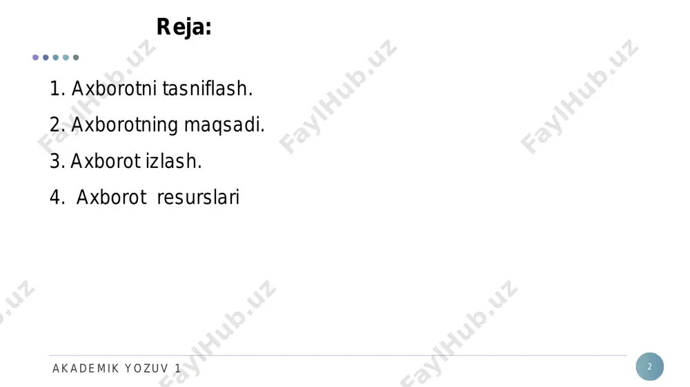adigan cheksiz miqdordagi hujjatlarni aniqlash jarayonidir. akademik yozuv 1 7 harakatlar algoritmi so‘ralgan ma’lumotlarni to‘plash, qayta ishlash, va taqdim qilish bo‘yicha operatsiyalarni o‘z ichiga oladi. axborotni samarali izlash uchun quyidagi rejaga amal qilish kerak: so‘rovni shakllantirish (topmoqchi bo‘lgan ma’lumotlarni); zarur ma’lumotlarning manbalarini topish; kerakli materiallarni tanlash; olingan bilimlar bilan tanishib chiqish va bajarilgan ishni baholash. akademik yozuv 1 8 axborot mazmun va tasavvur qilish shakliga ega akademik yozuv 1 9 axborotda eng asosiysi – bu uning ma’nosi, mazmuni. axborotning mazmuni qanday maqsadlar uchun va qanday yo‘l bilan axborot qo‘llanilishini aniqlab beradi. axborot olgan kishi mazmuniga qarab yangiligi, mazmundorligi, qisqaligi, tushunarliligi, o‘zgaruvchanligi kabi axborot xususiyatlariga baho beradi. axborotning har bir xususiyatini baholash mumkin. agar axborotning o‘zgaruvchanlik xususiyati haqida gapiradigan bo‘lsak, axborot turg‘un (doimiy, o‘zgarmas) va dinamik (o‘zgaruvchan) bo‘lishi mumkin. agar axborot kimningdir fikri yoki mulohazasiga bog‘liq bo‘lmasa, bu axborot ob’ektiv hisoblanadi. ob’ektiv axborotni, masalan, to‘g‘ri ishlaydigan o‘lchov asboblaridan olish mumkin. “avtomobil” …