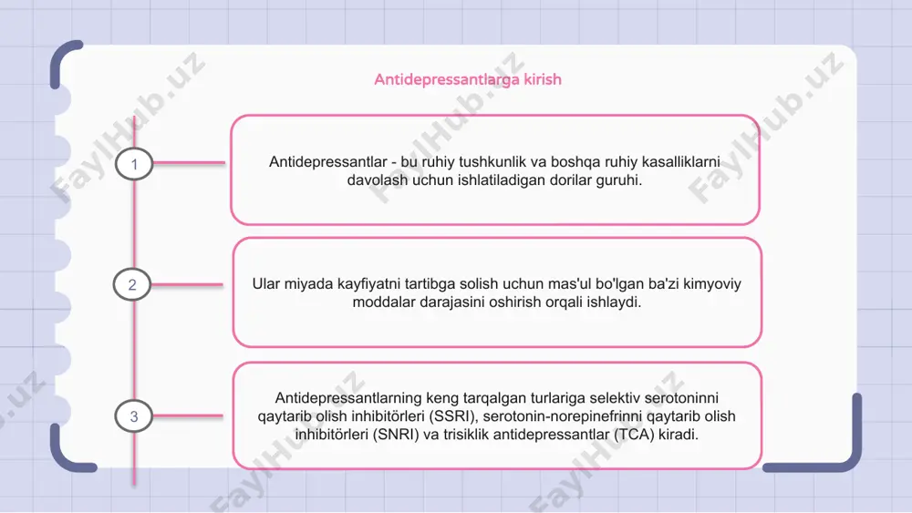 an, libidoning pasayishi yoki orgazmga erishish qiyinligi. to'g'ri antidepressantni tanlash antidepressantni tanlashda shaxsning alomatlari, kasallik tarixi va yuzaga kelishi mumkin bo'lgan yon ta'siri kabi omillarni hisobga olish kerak. turli xil antidepressantlar turli yo'llar bilan ishlaydi va ayrim alomatlar yoki shaxslar uchun samaraliroq bo'lishi mumkin. tanlangan antidepressantning samaradorligini kuzatish va kerakli o'zgarishlarni amalga oshirish uchun tibbiy yordam ko'rsatuvchi provayder bilan yaqindan hamkorlik qilish ham muhimdir. e’tiboringiz uchun rahmat