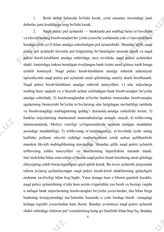 yat yuritishi va rivojlanishi uchun quyidagi shartlarga rioya etish zarur: 1) ushbu operatsiyaning legitimliligi xususidagi qonuniy kafolatlar- ning mavjudligi; 2) pul mablaglarini tez va xavfsiz o‘tkazishga zaruriyatning bolishi (ya’ni, tovar munosabatlarning yetarli rivojlanganligi); 3) rivojlangan bank tizimining mavjud bolishi (banklar filiallari, bolimlari va ular o'rtasidagi vakillik munosabatlarining mavjudligi); 4) xo'jalik subyektlarining o‘z qarorlarini erkin qabul qilishi imkoniyati. 3. shunday qilib, naqd pulsiz pul aylanishi iqtisodiyotning muayyan rivojlanish darajasiga erishganligidan dalolat beradi va yanada ravnaq topish uchun qo‘shimcha imkoniyatlarni taqdim etadi. davlatning pul aylanishiga ko‘plab omillar ta’sir ko‘rsatadi. pul aylanishi tuzilmasi turli belgilar bo‘yicha belgilanadi: 1) unda pullarning faoliyat yuritishi shakliga qarab. ushbu belgiga qarab naqd pulsiz va naqd pullik pul aylanishini ajratish mumkin, chunki barcha pul belgilari u yoki boshqa shaklga ega bo'ladi; 2) ushbu pul aylanishi xizmat ko‘rsatadigan munosabatlar tusiga qarab. bu yerda pul-hisob-kitob aylanishi, pul-kredit aylanishi, pul- moliya aylanishi ajratib ko‘rsatiladi; 3) pul mablag'larining harakati yuz beradigan subyektlarga …