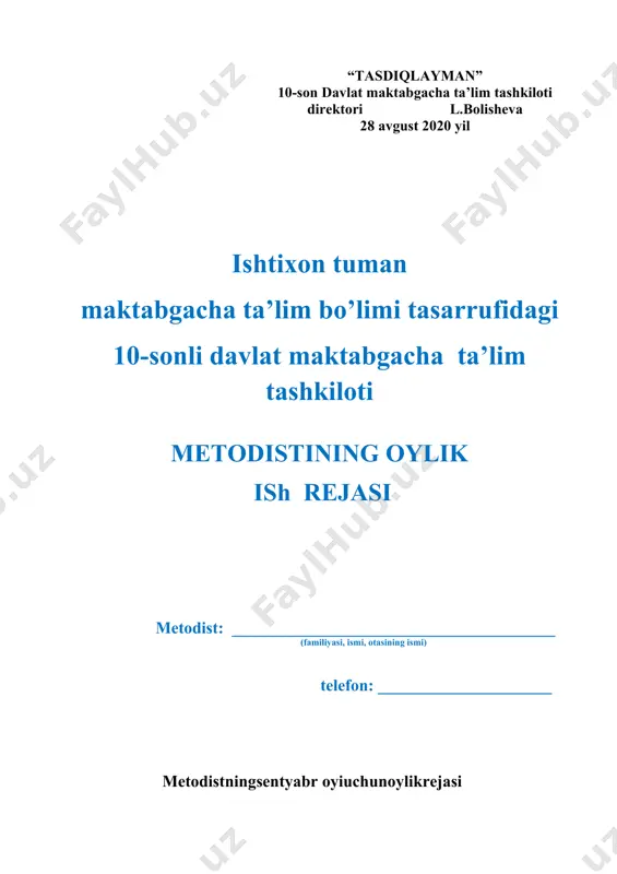 uvchilar va murabbiylar”kuniga bag’ishlangan bayram ertaligini kuzatish 30..09 .2020 8 kattaguruhda ovqatlanish jarayonini kuzatish 25.09 .2020 maktab,mahalla va boshqa tashkilotlar bilan hamkorlik ishlari 1 mtt va maktab,mahalla hamkorligida ish rejasini tuzish va tasdiqlash 2 “jonajon o’zbekistonim, mangu bo’l omon!” mavzuigabag’ishlangan maktab tadbirlarida ishtirok etish 5. 09 .2020 3 mtt hududiga qarashli 3-7 yoshli bolalar ro’yxatini tuzish, qamrab olinmagan bolalarni mttga jalb etish bo’yicha ota-onalarga tushuntirish ishlarini olib borish 9..09. 2020 4 mahalla,maktab hamkorligida maktabga tayyorlov guruhini tashkil etish 18.09 .2020 5 maktabga tayyorlov guruhiningmaktab bilan hamkorlikdagi ishlarini kuzatish 26..09 .2020 tadbirlarga tayyorgarlik 1. mttbarcha guruhlarida “ona yurtim o’zbekistonim” mavzusida bayram tadbirini o’tkazish 3.09 2. “ustozlar sizga ta’zim mavzusida bayram ertaligiga tayyorgarlik 26.09 3. guruhlarning ochiq hisobot mashg’ulotlarga tayyorgarligi 19.09 metodistningoktyabroyiuchunoylikrejasi t/r rejalashtirilganvazifalar i-hafta (sana) ii-hafta (sana) iii-hafta (sana) iv-hafta ( sana) v-hafta (sana) izoh pedagog kadrlar bilan ishlash 1 maktabgachata’lim tashkilotida ijro intizomini mustahkamlash bo’yicha bajarilayotgan ishlar tahlili 7.10 2020 …