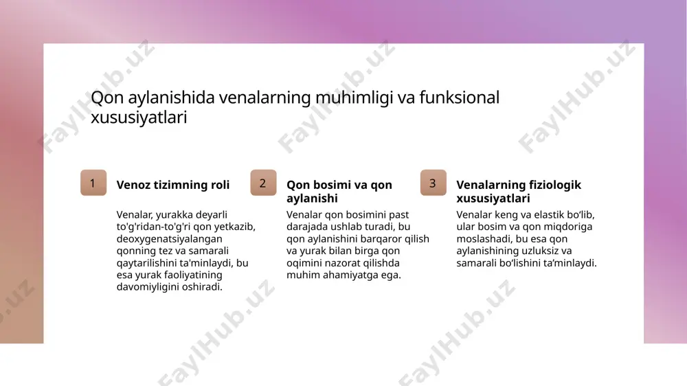 shga yordam beradi. bu jarayon yurak-qon tomir kasalliklarining oldini oladi. venoz tizimdagi o‘ziga xos patologik holatlar va ularning qon aylanishiga ta’siri 1 venoz patologiyalar - venoz tizimda keng tarqalgan patologiyalar orasida varikozlar, trombozlar va venoz shishlar mavjud bo'lib, ular qon aylanishining buzilishiga va yurak kasalliklariga olib kelishi mumkin. 2 venoz qon aylanishining buzilishi - bu holatlar qon bosimi o'zgarishlariga, qon aylanishining sekinlashishiga va organizmda turli patologik jarayonlarning rivojlanishiga sabab bo'lib, sog'liq uchun xavf tug'diradi. 3 patologik holatlar va profilaktika - venoz tizimdagi muammolarni aniqlash va oldini olish uchun muntazam tekshiruvlar, sog'lom turmush tarzini saqlash va zamonaviy davolash usullaridan foydalanish muhimdir. venoz tizimdagi muammolar: simptomlar, sabablari va diagnostik usullar 1 qon aylanishining buzilishi venoz tizimdagi muammolar odatda qon aylanishining sekinlashishi yoki to‘xtashiga olib keladi. bu, odatda, qon qotib qolishi yoki venalarning shishishi bilan bog‘liq bo‘lishi mumkin. 2 simptomlar va belgilari asosiy simptomlar orasida oyoqlarda shish, og‘riq, qattiqlik va ko‘pincha rang o‘zgarishi …