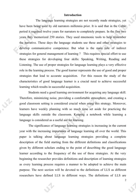 lking about language learning strategies providing a complete description of the field starting from the different definitions and classifications given by different scholars ending to the point of describing the good language learner according to the frequency of the use of these strategies. at the very beginning the researcher provides definitions and description of learning strategies as every learning process requires a manner to be adopted to achieve the main purpose. the next section will be devoted to the definitions of lls as different researchers have defined lls in different ways. the definitions of lls are introduced and discussed here. relevant studies and classifications of lls by many researchers are addressed in this study in a section dedicated for the historical background of the research in this field. rebecca oxford's work will be specially discussed as she introduced the strategy inventory for language learning. rebecca's inventory is mostly adopted in …