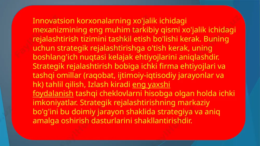 ategik boshqaruv bevosita innovatsion jarayon orqali kelajakdagi natijalarga erishishga qaratilgan. barcha tashkilotlar uchun yagona strategiya mavjud emas. har bir tashkilot (korxona, kompaniya, firma) hattoki bitta sohaning o'zi ham o'ziga xosdir va uning strategiyasining ta'rifi ham o'ziga xosdir, shuning uchun bu korxonaning bozordagi mavqei, uning salohiyati, rivojlanish dinamikasi, raqobatchining xatti-harakati, iqtisodiyotning holati, ijtimoiy muhit va boshqa ko'plab omillarga bog'liq. strategik omillarni belgilashda turli xil yondashuvlar mavjud va ular uchun strategiya turini belgilaydigan maqsadli funktsiya mavjud. e’tiboringiz uchun rahmat image1.png image2.png image3.png image4.png