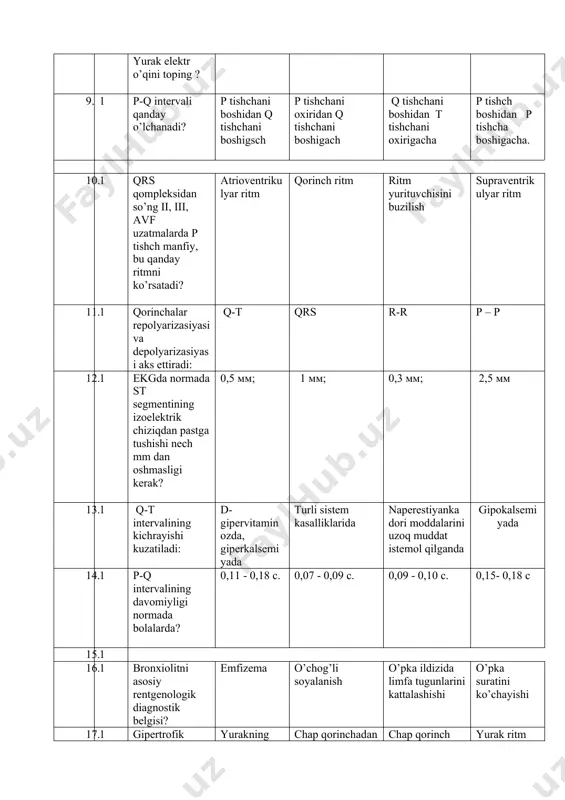 iziqdan pastga tushishi nech mm dan oshmasligi kerak? 0,5 мм; 1 мм; 0,3 мм; 2,5 мм 13. 1 q-t intervalining kichrayishi kuzatiladi: d- gipervitaminozda, giperkalsemiyada turli sistem kasalliklarida naperestiyanka dori moddalarini uzoq muddat istemol qilganda gipokalsemiyada 14. 1 p-q intervalining davomiyligi normada bolalarda? 0,11 - 0,18 с. 0,07 - 0,09 с. 0,09 - 0,10 с. 0,15- 0,18 с 15. 1 16. 1 brоnхiоlitni аsоsiy rеntgеnоlоgik diаgnоstik bеlgisi? emfizеmа o’chоg’li sоyalаnish o’pkа ildizidа limfа tugunlаrini kаttаlаshishi o’pkа surаtini ko’chаyishi 17. 1 gipertrofik kardiomiopatiya yurakdan chiqarishning susayishi nima bilan boq’liq: yurakning qisqaruvchanlik hususiyatini buzilishi chap qorinchadan chiqishdagi obstruksiya bilan chap qorinch diostolik to’lishini o’zgarishi bilan yurak ritm buzilishi 18. 1 yarа kаsаlligini qo’zish dаvridа qаndаy pаrхеz stоl tаvsiya qilinаdi? 1а 1b 2 4 19. 1 qaysi tekshiruv usuli dilatacion kardiomiopatiyaga xos belgilarni topishga imkon beradi: ekg,exokg, yurak rentgenografiyasi fonokardiografiya yurak rentgenografiyasi ekg 20. 1 qanday yurak ritmi buzilishi dilatacion kardiomiopati uchun xos: …