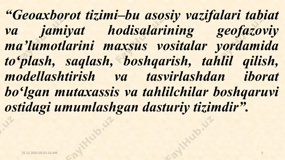 deshifrlash, raqamli fotogrammetriya va geoinformatikaning uzviy bogʻliqligida shakllanadi. geoinformatsion kartografiyalash kartografiyaning asosiy yoʻnalishlaridan biridir. u gat hamda geografik ma’lumotlar bazasiga asoslangan tabiiy va ijtimoiy-iqtisodiy axborotlarni avtomatlashgan kartografik modellashtirishni tashkil etadi. quyidagi omillar ushbu yoʻnalishning shakllanishiga turtki boʻldi: 01.12.2022 14:56:00 16 geoinformatikaning ilmiy-texnologik va ishlab chiqarish fani sifatida rivojlanishi.  muammolar yechimini ta’minlashda talab etiladigan amaliy kartografiya.  kartografiyada gatning yadrosi sifatida kompyuterlashgan karta tuzish va avtomatlashgan kartografiyaning qoʻllanilishi.  nazariy, kartografik va geoinformatik yondashuvlarning integratsiya-lashuvi.  katta hajmda yangi koʻrinishdagi karta turlarining ilmiy-amaliy qayta ishlanishi. 01.12.2022 14:56:00 17 geoinformatsion kartografiyalash kartografiyaning dasturiy boshqaruvi boʻlib, bu kartografiyaning matematik asoslari va karta komponovkalari kabi an’anaviy muammolar va yangi vositalarga ham e’tibor berishni talab etadi. topografik va mavzuli kartalar fazoviy ma’lumotlarning asosiy manbayidir. geografik va toʻgʻri burchakli koordinata sistemalari esa bu ma’lumotlarni ularning geografik joylashuviga qarab oʻzaro bogʻlaydi va gatning ma’lumotlar bazasi tizimida saqlaydi. bundan tashqari, aynan kartalar gatga kelib tushadigan masofadan zondlash …