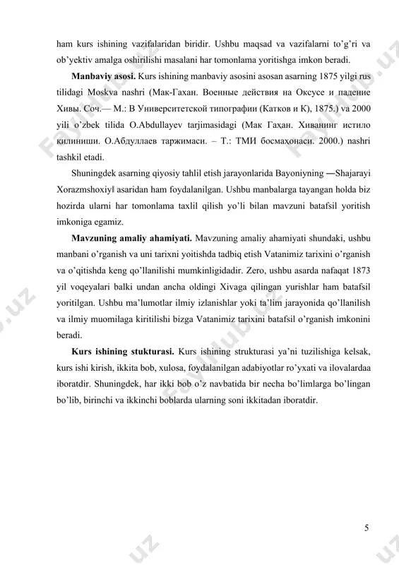 z hozirda ularni har tomonlama taxlil qilish yo’li bilan mavzuni batafsil yoritish imkoniga egamiz. mavzuning amaliy ahamiyati. mavzuning amaliy ahamiyati shundaki, ushbu manbani o’rganish va uni tarixni yoitishda tadbiq etish vatanimiz tarixini o’rganish va o’qitishda keng qo’llanilishi mumkinligidadir. zero, ushbu asarda nafaqat 1873 yil voqeyalari balki undan ancha oldingi xivaga qilingan yurishlar ham batafsil yoritilgan. ushbu ma’lumotlar ilmiy izlanishlar yoki ta’lim jarayonida qo’llanilish va ilmiy muomilaga kiritilishi bizga vatanimiz tarixini batafsil o’rganish imkonini beradi. kurs ishining stukturasi. kurs ishining strukturasi ya’ni tuzilishiga kelsak, kurs ishi kirish, ikkita bob, xulosa, foydalanilgan adabiyotlar ro’yxati va ilovalardaa iboratdir. shuningdek, har ikki bob o’z navbatida bir necha bo’limlarga bo’lingan bo’lib, birinchi va ikkinchi boblarda ularning soni ikkitadan iboratdir. mak gahan jurnalist va tarixchi ―o’kuzdagi harbiy harakatlar va xivaning qulashi‖ asarning mualifi makgahan yanuariy aloiziy (macgahan januarius aloysius) ning hayoti va ijodiy faoliyati haqida gapirar ekanmiz, avvalo shuni ta’kidlashimiz joizki ushbu shaxsning hayot yo’lini kuzatish …