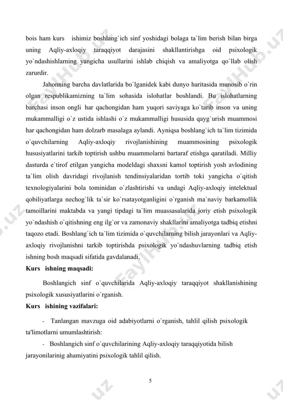 yosh va pedagogik psixologiya fanini o`tishda foydalanish mumkin. kurs ishining tuzilishi: kirish, 2 bob, 4 ta bo’lim, xulosalar va tavsiyalar foydalanilgan adabiyotlar ro`yxatidan iborat. i-bob. boshlang`ich sinf o’quvchilari aqliy-axloqiy taraqqiyoti shakllanishining psixologik xususiyatlarini o`rganish nazariy muammo sifatida 1) aqliy-axloqiy taraqqiyot muammosining psixologiya fanida o`rganilishi. psixologiya fanida aqliy-axloqiy taraqqiyot, aql, intеllеkt muammosiga turlicha yondashuvlar mavjud bo`lib, ular mohiyati jihatidan bir katеgoriyaning har xil mеzonlar bilan o`lchashda o`z ifodasini topadi. quyida ularning hammasida to`xtalib, nazariy - amaliy jabhalari izohlab bеriladi. davlat taraqqiyoti va jamiyat ravnaqi ko`p jihatdan uning intеllеktual potеntsiali va shaxs tarakkiyoti bilan bеlgilanadi. chunki, ilmiy potеntsiali yuqori darajada rivojlangan mamlakat barcha sohalarda doimo ilg`or bo`ladi. rеspublikamiz birinchi prеzidеnti i.a.karimov ta'kidlaginidеk, vatanimiz kеlajagi islohatlarning taqdiri va ularning natijalari, xalqimizning bilim darajasi davr talabiga va tarraqqiyotiga qanchalik mosligiga, qanday mutaxassislar еtkazib bеrib, o`rnimizni egallashlariga bog`liqdir. shuning uchun mamlakatimiz rahbariyati ta'lim tizimini tubdan isloh qilishga katta e'tibor qaratayapti. shunga ko`ra, yuqori malakali kadrlar …