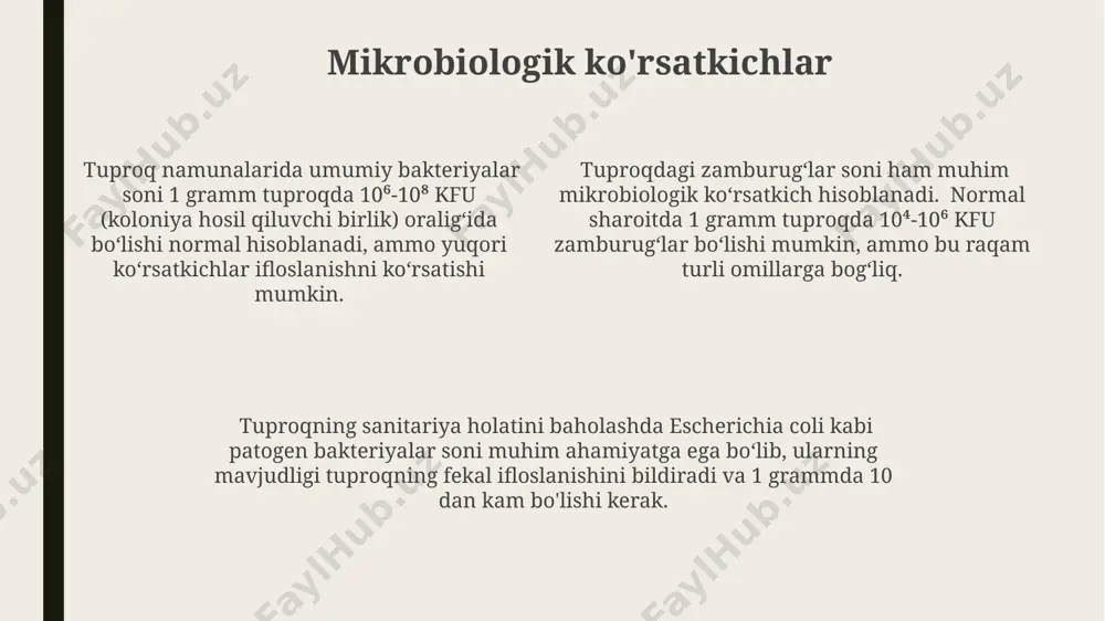 ҳолаймиз; рн кўрсаткичи ҳам ўлчанади. radioaktiv moddalar radioaktiv moddalar tuproqdagi konsentratsiyasi 1bq/kg dan yuqori bo'lganda, inson salomatligi uchun xavf tug'dirishi mumkin, bu esa o'simliklar orqali oziq-ovqat zanjiriga kiradi. toshkent viloyati singari sanoatlashgan hududlarda radioaktiv ifloslanish darajasi tabiiy fon darajasidan yuqori bo'lishi mumkin, bu 0,1-0,5 bq/kg oralig'ida o'zgarib turadi. cesium-137 va strontium-90 kabi uzoq muddatli yadroviy parchalanish mahsulotlari tuproqda o'nlab yillar davomida saqlanib, o'simliklar tomonidan yutilishi mumkin. dalada o'tkaziladigan tekshiruvlar тупроқдаги гельминт тухумларини аниқлаш учун флотация усули билан 3 такрорий таҳлил ўтказилади ва натижалар ўртача қиймати ҳисобланади. тупроқнинг кимёвий таркибини ўрганишда оғир металлар (pb, cd, hg) миқдорини аниқлаш учун атом-абсорбцион спектрометрия усулидан фойдаланилади, натижалар мг/кг да ифодаланади. тупроқ намуналарининг санитария-бактериологик таҳлилида умумий бактериялар сони, e.coli ва salmonella каби патогенларнинг мавжудлиги аниқланади, 1 г тупроқдаги колония ҳосил қилувчи бирликлар (коб) сони ҳисобланади. profilaktika choralari тупроқ профилактикасида 100 г тупроқ намлигидаги умумий бактериялар сони 10⁴ кое/г дан ошмаслиги санитария меъёрлари билан белгиланган. профилактика …