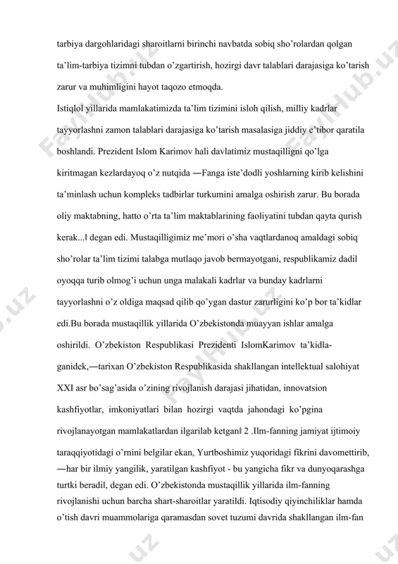 dastlabki kunlaridan jamiyatdagi yangilanish va islohotlar, iqtisodiyotning barqaror rivojlanishi, davlatning jahon hamjamiyatiga integratsiyalashuvining asosiy bo’g’ini sifatida ta’lim tizimini isloh qilish bosqichma-bosqich amalga oshirilmoqda. ta’lim tizimidagi islohotlar - ijtimoiy siyosiy jarayonda mustaqil fikrlaydigan, istiqbolli maqsadlarni aniqlaydigan va ularning yechimini topa oladigan, ijodkor, yuksak kasbiy madaniyatga ega bo’lgan yangi avlod kadrlarini shakllantirishga yo’naltirilgan. bugun rivojlanayotgan jamiyatimizga milliy va umuminsoniy qadriyatlarni mukammal egallagan, teran fikrlaydigan, tashabbuskor, jismonan va ma’nan sog’lom, barkamol yoshlar kerak. o’zining oilasiga, xalqiga va vataniga sadoqatli, barkamol shaxslarni tarbiyalash muammolari doimo davlat va jamoatchilikning diqqat markazida bo’lib kelgan. asosiy qism i bob: arab tili va uning rivojlanish bosqichlari. arab tili tarixi: arab tili – somiy tillar guruhining janubiy tarmog‘iga mansub til. yaqin va o‘rta sharq hamda afrika shim.586dagi yigirmadan ortiq mamlakatning rasmiy davlat tili hisoblanadi. arab tilida 200 mln. dan ortiq aholi gaplashadi (1997). qadimiy arab tili miloddan avvalgi 5 – 4-asrlarga taalluqli obidalar orqali maʼlumdir. u mumtoz arab tilining …