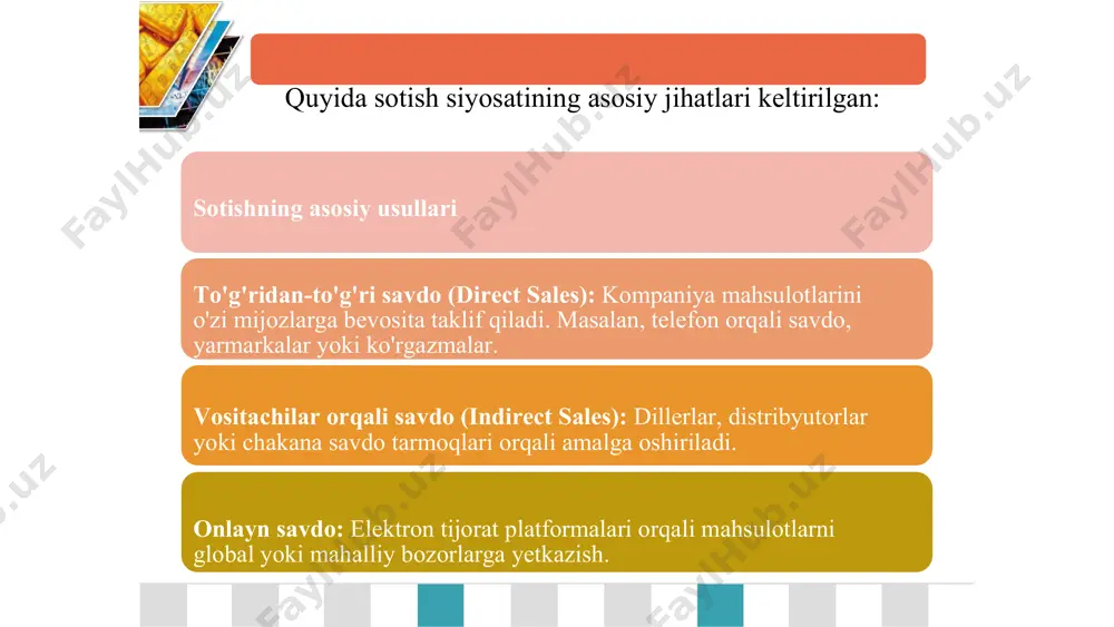 ijozlari, hamkorlari va keng jamoatchilik bilan o'zaro aloqa o'rnatadi. kommunikatsiya siyosati kompaniyaning o'z imidjini shakllantirish, mijozlar bilan yaqin munosabatlar o'rnatish va bozorda o'z pozitsiyasini mustahkamlash uchun amalga oshiriladigan strategiyalar to'plamini ifodalaydi. kommunikatsiya siyosati bir nechta asosiy maqsadlarga erishishga qaratilgan xabardorlikni oshirish mijozlarga mahsulot yoki xizmat haqida to'liq va aniq ma'lumot yetkazish. brendni tanitish brend imidjini shakllantirish va mijozlar ongida uni mustahkamlash. mijozlar bilan ishonchli aloqalarni yaratish kompaniya va mijozlar o'rtasida yaqin munosabatlar o'rnatish orqali ularni saqlab qolish. savdoni rag'batlantirish mijozlarni xarid qilishga undash va savdo hajmini oshirish. kommunikatsiya siyosati turli xil kanallar orqali amalga oshiriladi. ushbu kanallar mijozlarga qanday qilib yetib borish mumkinligini belgilaydi: shaxsiy aloqa kanallari: bunga sotuvchilar va mijozlar o'rtasidagi shaxsiy muloqot kiradi. ushbu aloqa turi mijozlar bilan bevosita va aniq aloqalarni o'rnatishga yordam beradi. kommunikatsiya kanallari shaxsiy kanallar bo'lmagan aloqa reklama, pr va kanallari: boshqa o'z ichiga bunday ommaviy oladi. bu kommunikatsiya vositalarini orqali ko'p sonli mijozlarga …