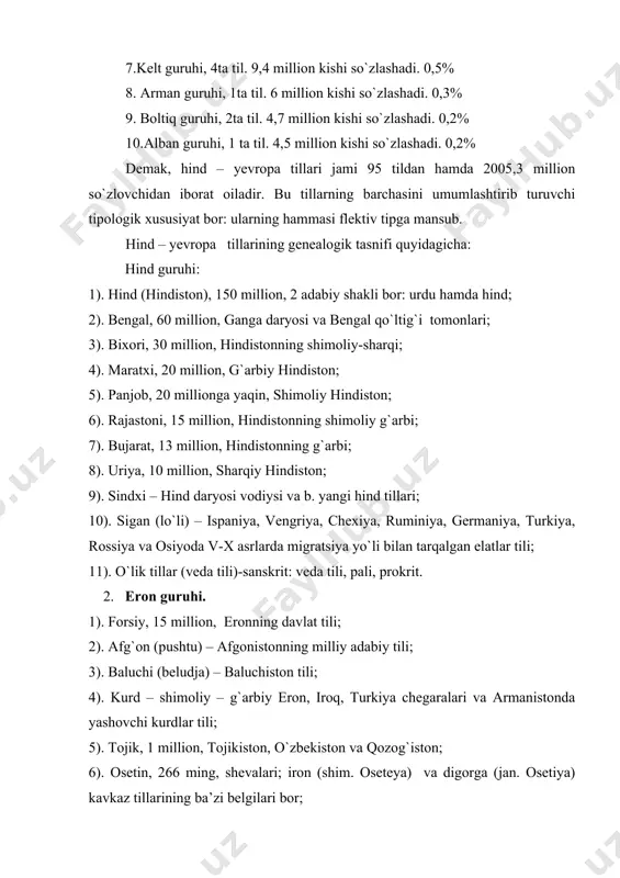 ston tili; 4). kurd – shimoliy – g`arbiy eron, iroq, turkiya chegaralari va armanistonda yashovchi kurdlar tili; 5). tojik, 1 million, tojikiston, o`zbekiston va qozog`iston; 6). osetin, 266 ming, shevalari; iron (shim. oseteya) va digorga (jan. osetiya) kavkaz tillarining ba’zi belgilari bor; 7). tolish, 80 ming, ozarbayjon; 8). tog`, ozarbayjon, janubiy dog`iston; 9). rushan, 7, 1 ming 10). shug`non, 12 ming badaxshon tog`lari; 11). yag`nob, 1 ming, o`sha yerda va boshqa pomir shevalari. o`lik tillar: qadimgi fors, avesto, pahlaviy, skif, so`g`d, xorazmiy, sak tillari. 3.slovyan guruhi. a.sharqiy guruh: 1). rus, 10 million, rossiya va sobiq sssr respublikalarida; shimoliy rus -“olovchi” va janubiy rus – “alovchi” eng muhim aloqa tili (jahon bo`ylab); 2). ukrain, 40 million, ukraina, shimoliy kavkaz, sibir, qozog`iston; o`ng qirg`oq va chap qirg`oq (dnepr bo`ylab) tillari mavjud; 3). belorus, 9 million, belorussiyada. b. janubiy guruh: 4). bolgar, 7 million, bolgariya, yugoslaviya, moldaviya va ukrainada; 5). makedon – bolgariya, …