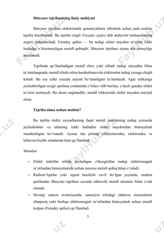 ida joylashgan hudud tashqi elektrostatik ta’sirlardan to‘liq himoyalangan bo‘ladi. 4. bu tajriba faradey qafasi, elektrostatik ekranlash va elektromagnit himoya kabi tushunchalarning asosini tashkil qiladi. nemis olimlari otto shtern va valter gerlaxlar tashqi magnit maydoni ta'sirida atom magnit momentlari fazoda ixtiyoriy yo'nalishlarda emas, balki ruxsat etilgan, tayinli yo'nalishlardagina joylashishini tajribada isbotladilar. ular atomlar dastasi nihoyat darajada bir jinsli bo'lmagan magnit maydonidan o'tganda magnit momentining fazodagi yo'nalishiga qarab ekranning turli joylariga tushishlarini kuzatdilar. ularning tajriba sxemasi 20.1-rasmda ko'rsatilgan. kuchli bir jinsli bo'lmagan magnit maydoni elektromagnit o'zagining qutblariga maxsus shakl berish bilan hosil qilinadi. qizdirilgan kameradan bug’lanib chiqqan atomlar t to'siqdagi tirqishdan chiqqach, ingichka dasta shakliga keladi. so'ngra bu atomlar dastasi elektromagnit o'zagi qutblari orasidagi bir jinsli bo'lmagan magnit maydonidan o'tib, e ekranga boradi. qurilma havosi so'rib olingan maxsus kameraga joylashtirilgan bo'ladi. klassik fizika nuqtai nazaridan qaraganda atomlar dastasi ekranni bir joyiga tushishi kerak, chunki atomlarning magnit momentlari har qanday qiymatni olishi mumkin. …
