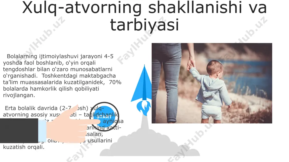 арни ажратиш қобилияти 2 ёшдан бошлаб тез суръатларда ўсиб боради, бу эса тошкент шаҳридаги боғчалардаги тажрибавий ўйинларда аниқ кўринади. ijtimoiy-axloqiy rivojlanish 3-5 ёшдаги болалар ўзларининг шахсий эгалик ҳуқуқларини англай бошлаб, ўзгаларнинг буюмларига нисбатан ҳурмат билан муносабатда бўлишни ўрганадилар, масалан, ўйинчоқларни бўлишиш ва навбати билан фойдаланиш каби кўникмаларни эгаллаб, тошкентдаги боғчаларда кузатилгандек. 6-7 ёшгача бўлган болаларда ўзгалар билан ҳамкорлик қилиш, жамоада ишлаш кўникмалари шакллана бошлайди. бу даврда улар 2-3 нафар тенгдошлари билан оддий қоидалар асосида ўйинларни ўйнаб, ўзаро ҳамкорлик ва келишувга эришишга ўрганадилар. tilning rivojlanishi va nutq faoliyati 2-3 ёшгача бўлган болаларнинг луғавий захираси тез ўсиши кузатилади, бу даврда 500 дан ортиқ сўз ўрганадилар, айниқса тошкент шаҳридаги боғчаларда тажрибали тарбиячиларнинг ёрдами билан. превербал даврдан кейинги 3-4 ёшли болаларда грамматик тузилмаларни ўзлаштириш жараёни бошланади, бу жараёнда феъллар ва отларнинг келишикларини ўрганиш муҳим аҳамиятга эга бўлиб, самарқанд вилоятидаги тадқиқотлар буни тасдиқлайди. 06 05 04 oʻyin faoliyati va uning ahamiyati 01 02 oʻzbekistondagi ta’lim …