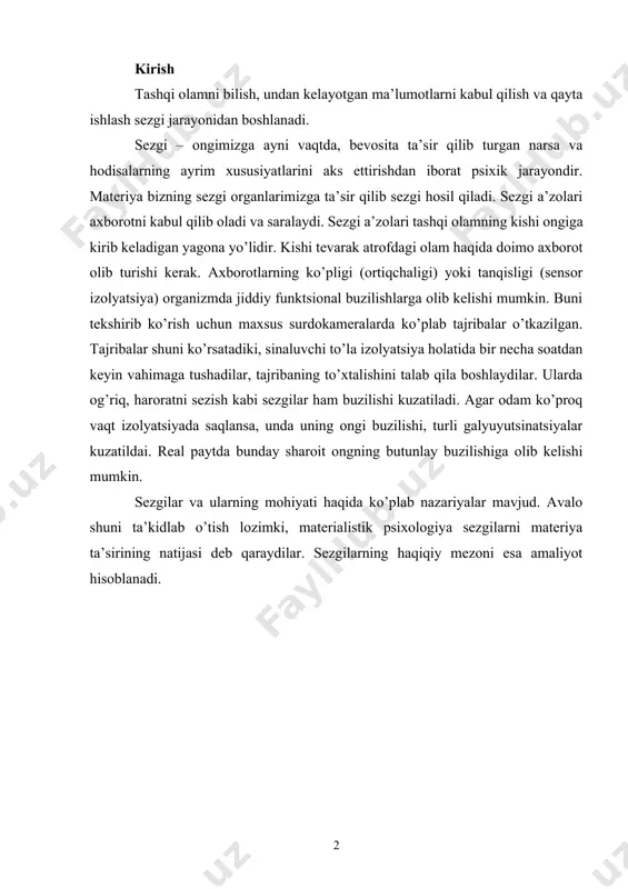 ikr yuritadilar. ularning fikricha sezgilar faqat tashqi ta’sirlarning timsoli, shartli belgilari. shu sababli ular qaysi sezgilar organiga ta’sir qilsa, shu analizatorga xos sezgi hosil bo’ladi. bu nazariyaning to’g’riligini isbot qiluvchi ko’plab misollar bor – elektr toki, bosimning ta’sirida turli analizatorlarda turli sezgilar hosil bo’ladi. ammo hid, tovushlar boshqa sezgi organlariga ta’sir qilib, ularga xos sezgilar hosil kilmaydilar. sezgi organlri maxsus signallarni qabul qilishga ixtisoslashgan. sezgi a’zolariningt ixtisoslashishi – uzoq davom etgan evolyutsion taraqqiyot mahsulidir. bundan shunday xulosaga kelish mumkin. sezgi a’zolarining o’ziga xosligi sezgilarning o’ziga xosligini keltirib chiqarmaydi. sezgi organlarining o’ziga xos tashqi olamning o’ziga xos xususiyatlari natijasida shakllangan. mana shunday maxsuslashgan sezgi organlarining majmui analizatorlarni tashkil qiladi. har qanday analizator uch qismdan iborat: 1) tashqi ta’sir kuchini ichki nerv kuvvatiga (jarayoniga o’tkazadigan maxsus tarnsformator-analizatorning pereferik qism; 2) analizatorning pereferik qismini markaziy qism bilan bog’laydigan o’tkazish yo’llari. ular afferent (markazga intiluvchi, efferent (markazdan qochuvchi) va 3) markaziy, pereferiyadan keluvchi signallarni …
