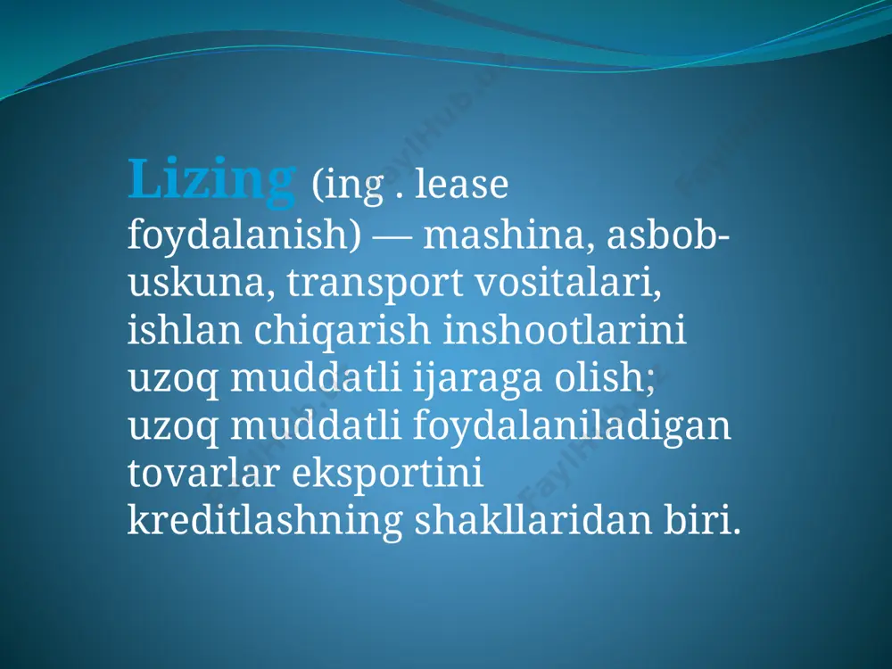samaradorligi tog'risidagi xulosa tayyorlanishi uchun bulg'usi lizing oluvchi va lizing obektini o'z egaligi va foydalanishiga olishni xoxlagan shaxslar quyidagilarni taqdim etishlari lozim: oxirgi hisobot sanasiga buxgalteriya balansi; o'z moliyaviy - ishlab chiqarish imkoniyatlarining tahlili; lizingning butun muddati uchun pulning kelib tushishi prognozi ko'rsatilgan biznes reja. lizing shartnomasi tuzilganidan so'ng lizing beruvchi sotuvchiga uskunalami etkazib berishi uchun ishlaming bajarilishi shart-sharoitlarini belgilab beruvchi texnik topshiriqlar va boshqa hujjatlar ilova qilingan buyurtma naryadni jo'natadi. lizing beruvchi va sotuvchi o'rtasida lizing ashyosini sotib olish -sotish shartnomasi tuziladi. lizing ob’ekti sotuvchisiga to'lov lizing beruvchi tomonidan qonunchilikka binoan, sotib olish -sotish shartnomasiga muvofiq shakl va muddatlarda amalga oshiriladi. banklarda lizing operatsiyalarining buxgalteriya hisobi lizing bitimi lizing ob’ektini foydalanishga qabul qilish bayonnomasi imzolanib, mulkka egalik huquqi lizing beruvchiga o'tganidan so'ng amalgan oshirilgan hisoblanadi. foydalanishga qabul qilish dalolatnomasi lizing oluvchi tomonidan rasmiylashtiriladi, kelishuvda qatnashayotgan barcha tomonlar: lizing beruvchi, lizing oluvchi hamda sotuvchi tomonidan imzolanadi. lizing shartnomasiga binoan, lizing …