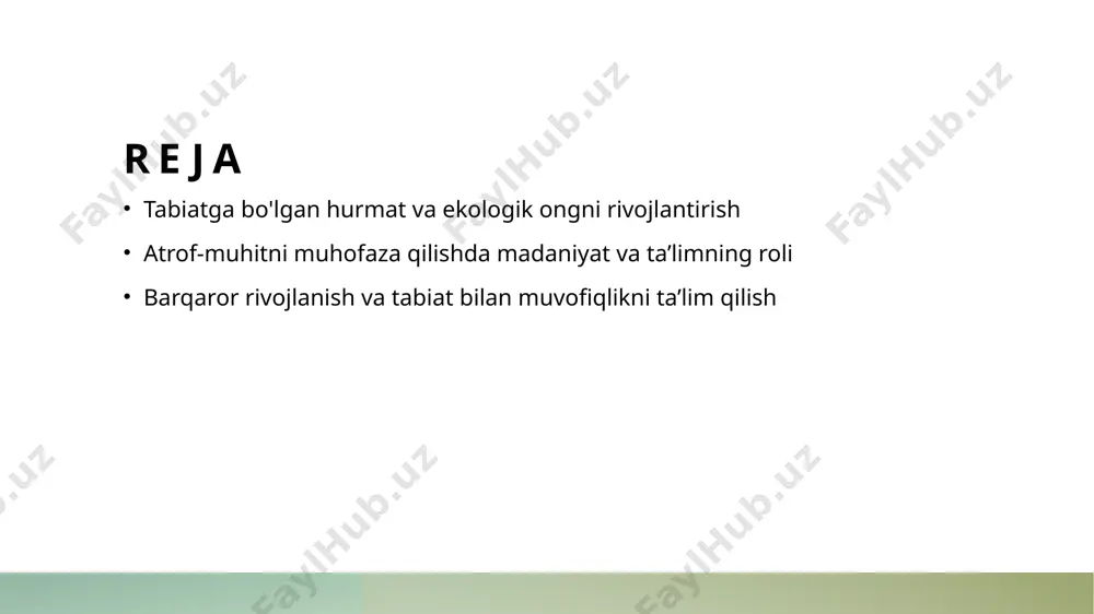kka erishish uchun zarur. 3 jamiyat va ekologiya - jamiyatda ekologik ongni oshirish va ta’lim orqali axloqiy qadriyatlarni tarbiyalash, tabiat bilan muvofiqlikda yashash madaniyatini rivojlantirishga yordam beradi. tabiatga bo'lgan munosabatni shakllantirishda ta'lim va tarbiya muhimligi 01 tabiatga ta'lim bilan bog'liq tushunchalar ta'lim va tarbiya orqali insonlar tabiatni qadrlash, unga nisbatan mas'uliyat va ekologik ongni rivojlantirishi mumkin, bu esa uzoq muddatli tabiat muhofazasiga xizmat qiladi. 02 axloqiy qadriyatlar shakllantirish ta'lim jarayonida ekologik axloqiy qadriyatlarni o'rgatish, yoshlar orasida tabiatga hurmat va mas'uliyatni kuchaytiradi, bu esa atrof-muhitni muhofaza qilishga yordam beradi. 03 yoshlar va ekologik ong yoshlar ekologik ongni rivojlantirishda muhim rol o'ynaydi, ular orqali ijobiy o'zgarishlar yuzaga kelib, barqaror rivojlanishga hissa qo'shadi. madaniyat va ta’limning atrof-muhitni muhofazadagi o‘rni 01 madaniyatning roli madaniyat insonlarning atrof-muhitga bo‘lgan munosabatini shakllantiradi. madaniyat orqali ekologik qadriyatlar va tabiatga hurmat o‘rnatiladi. 02 ta’limning ta’siri ta’lim jarayonida ekologik ong va mas’uliyat tushunchalari rivojlanadi. bu, yoshlarni tabiatni asrashga va muhofaza …